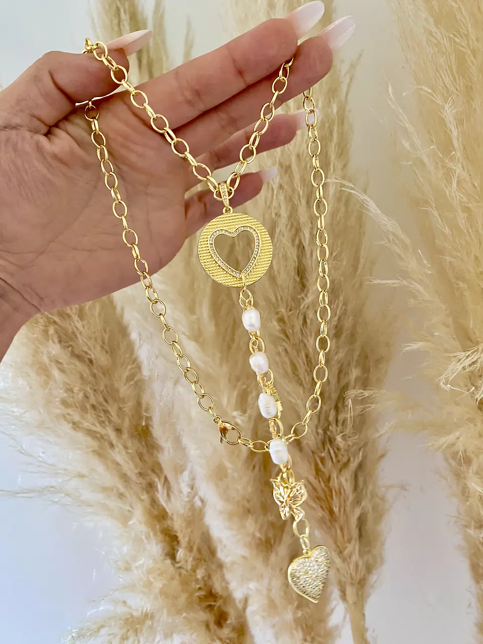 Collar XL Medallón Corazón Cascada y Perlas  2