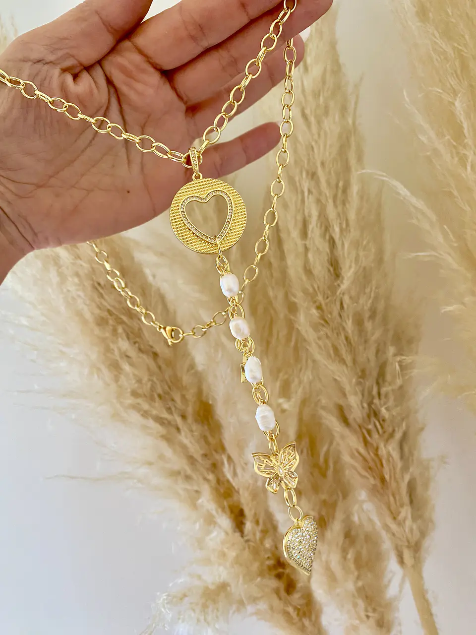 Collar XL Medallón Corazón Cascada y Perlas  4