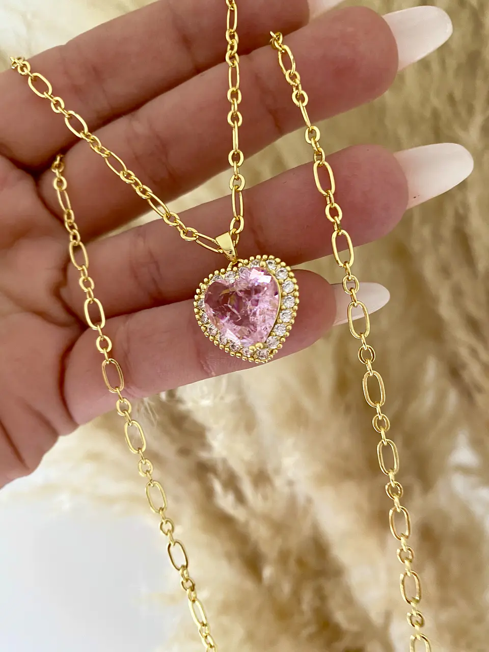 Collar Cadena Corazón Cristal Rosa 1