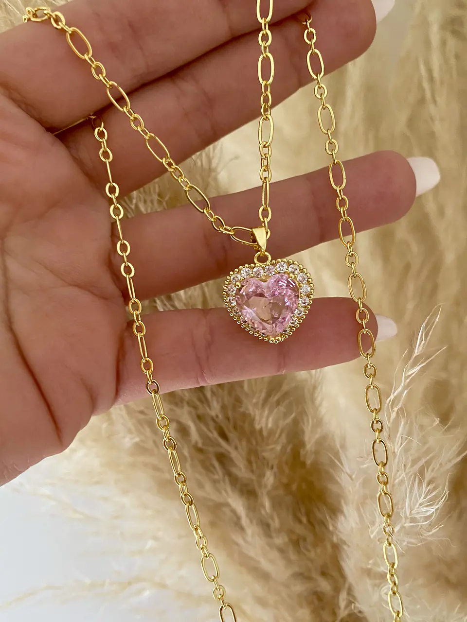 Collar Cadena Corazón Cristal Rosa 3