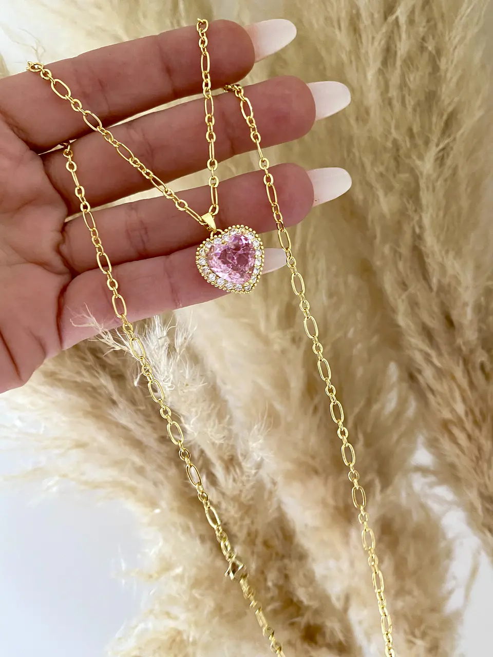 Collar Cadena Corazón Cristal Rosa 4