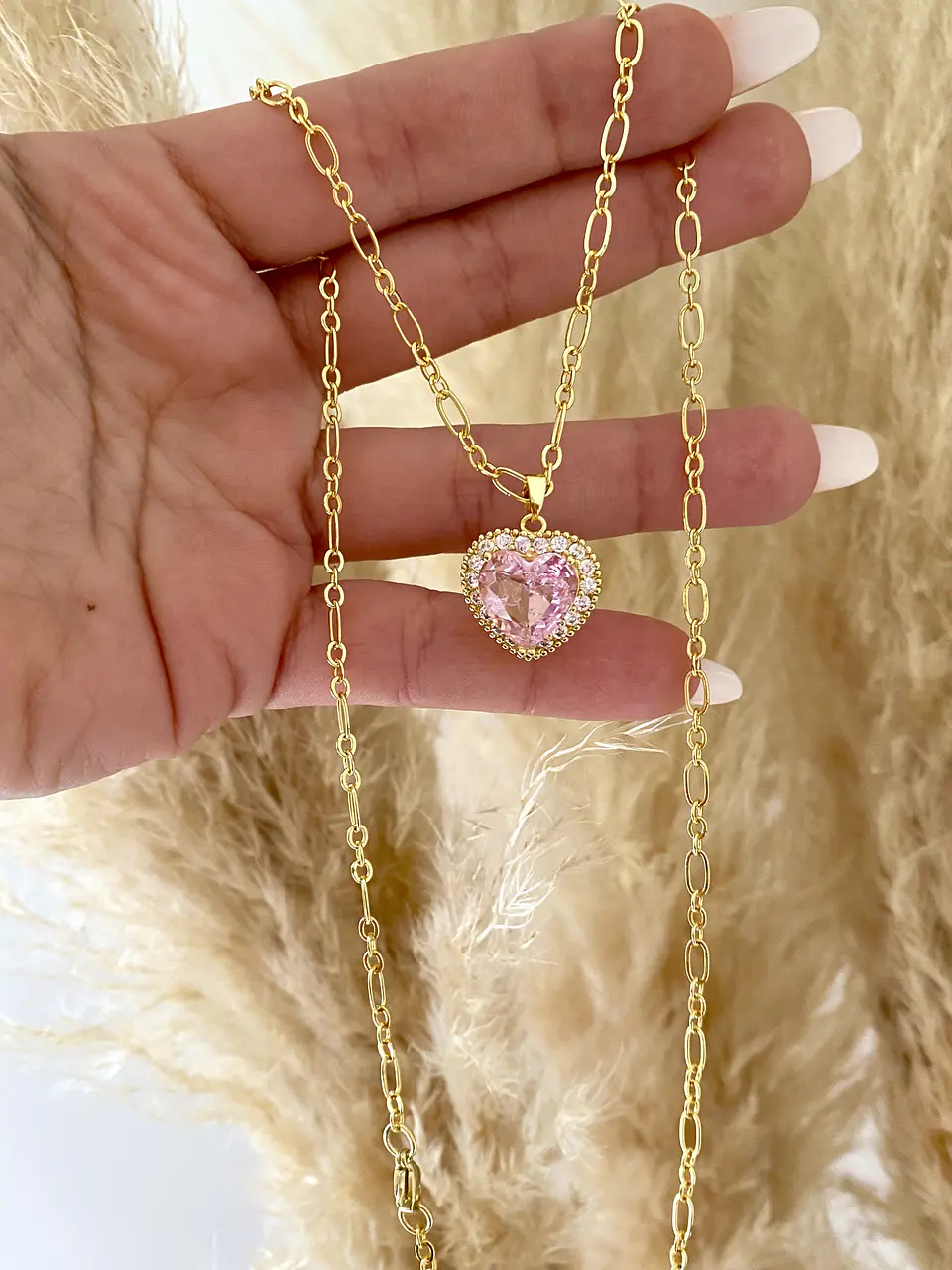 Collar Cadena Corazón Cristal Rosa 5