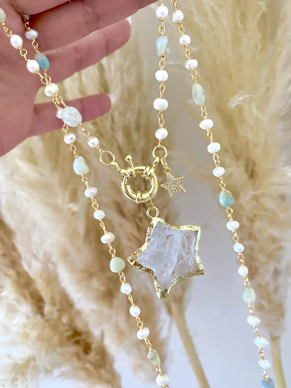 Collar XL Estrella Cuarzo piedras y perlas  1