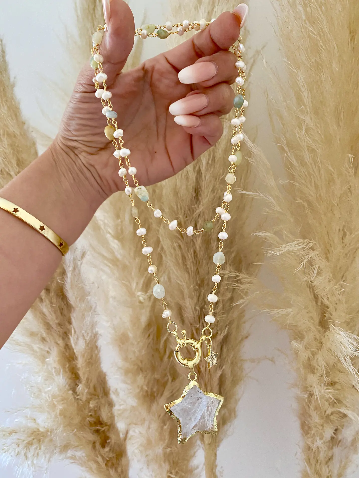 Collar XL Estrella Cuarzo piedras y perlas  2