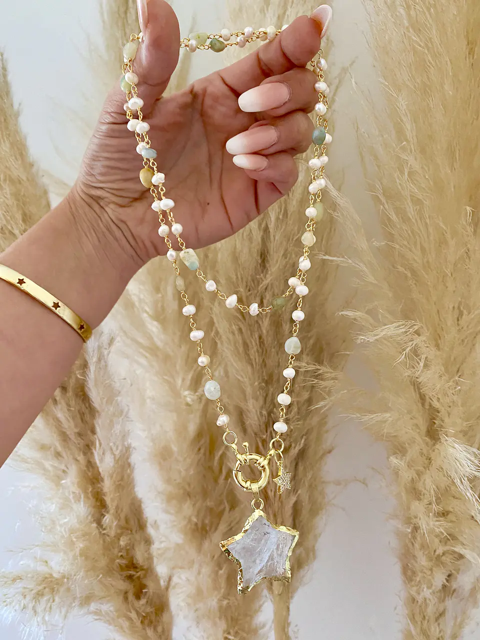Collar XL Estrella Cuarzo piedras y perlas  2