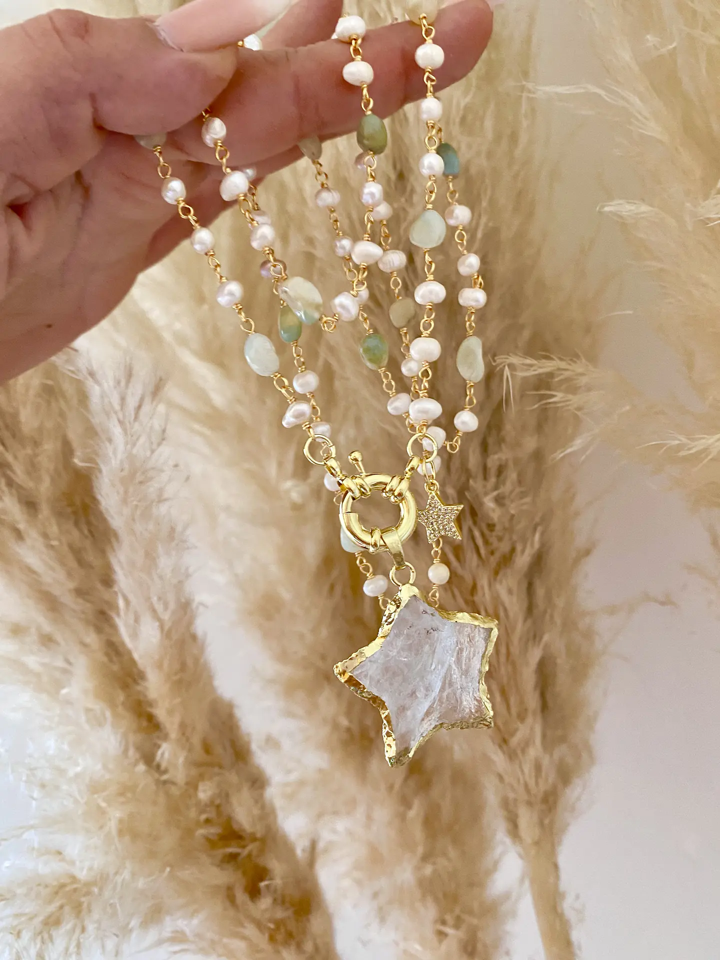 Collar XL Estrella Cuarzo piedras y perlas  3