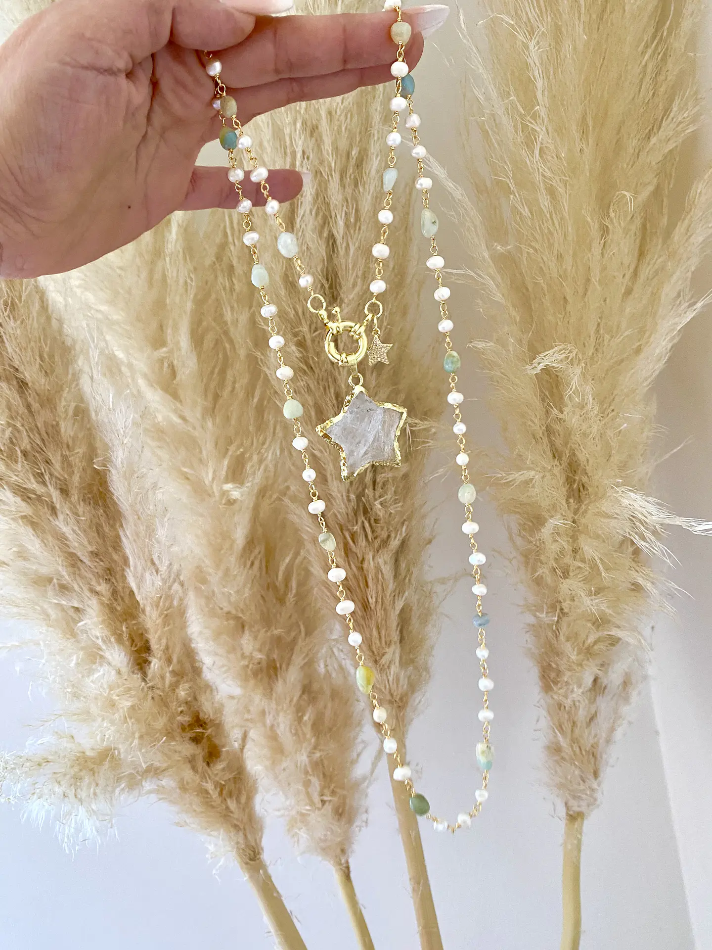 Collar XL Estrella Cuarzo piedras y perlas  5