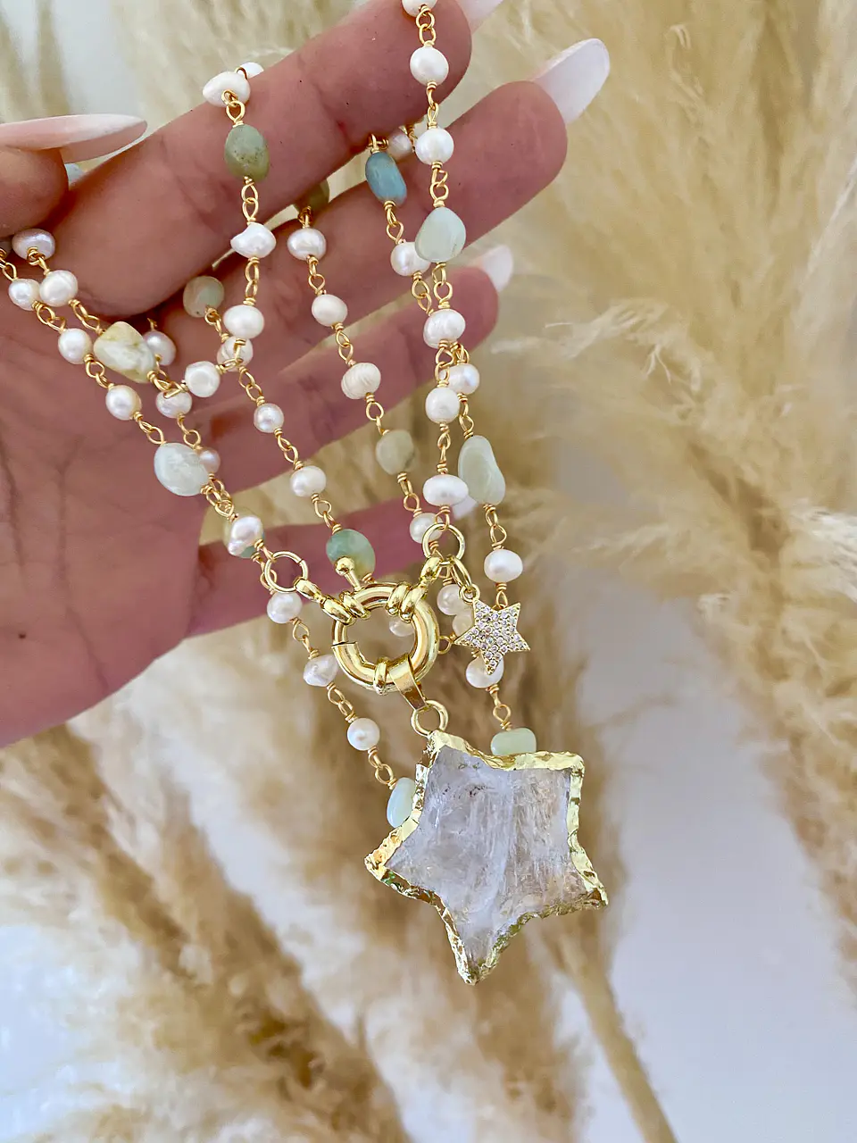 Collar XL Estrella Cuarzo piedras y perlas  7