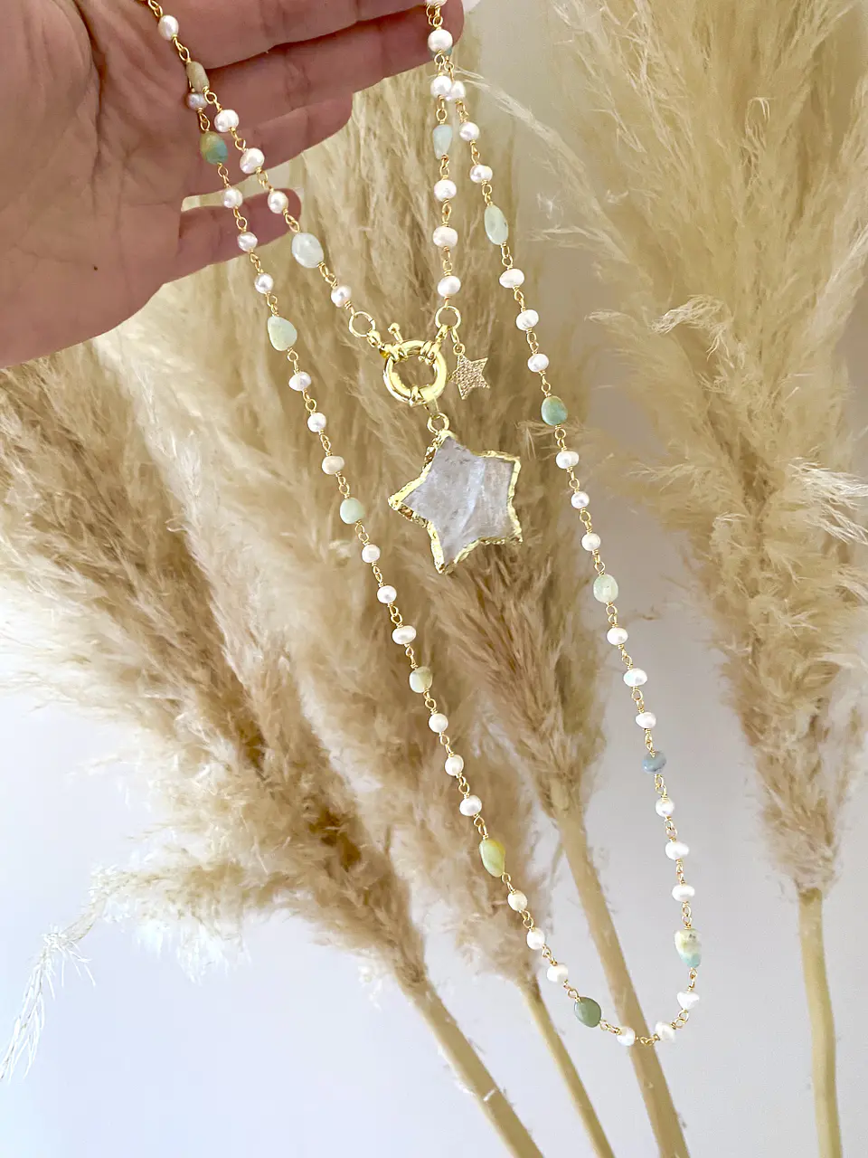Collar XL Estrella Cuarzo piedras y perlas  8