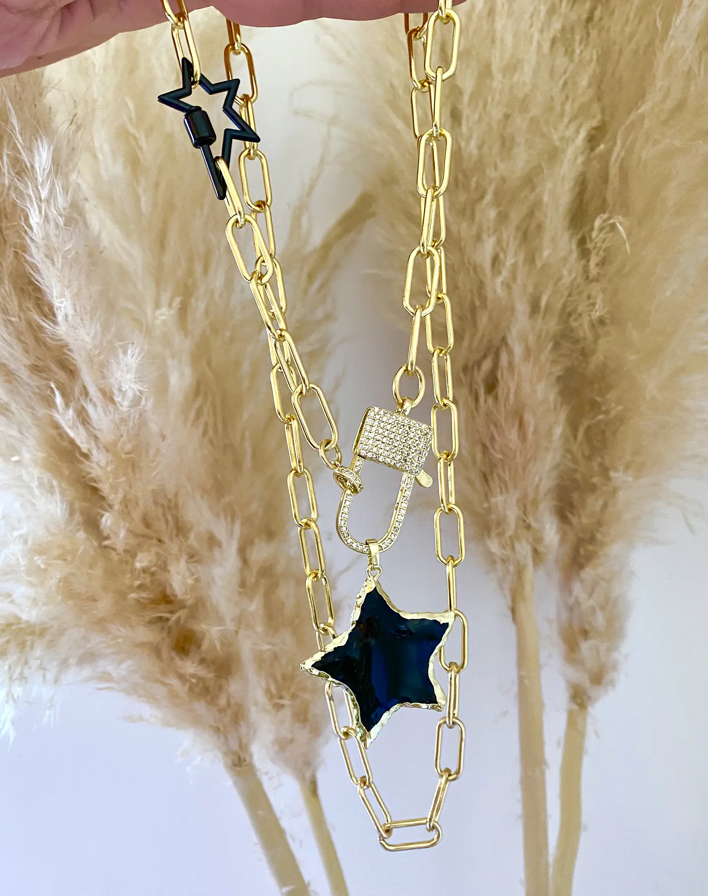 Collar XL Estrella Obsidiana Broche Candado 2