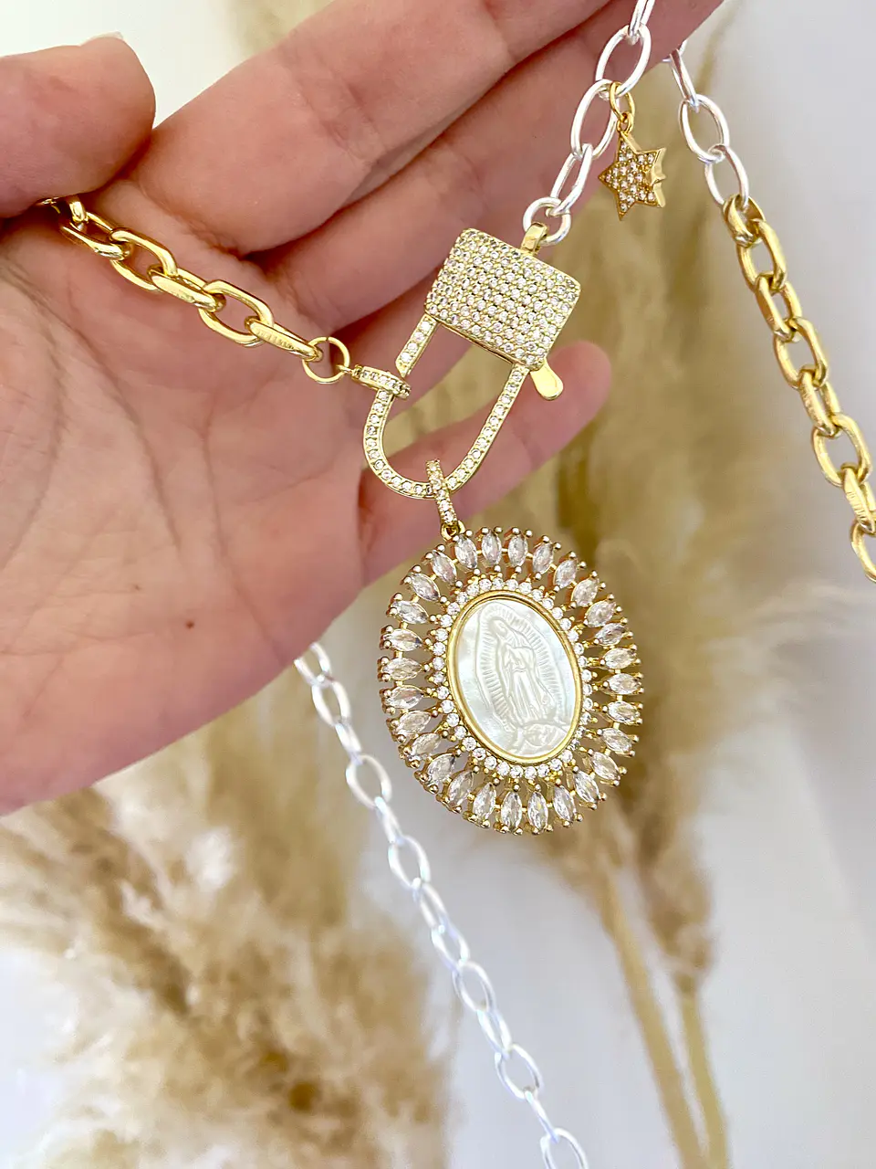 Collar XL medallón Virgen Eslabones Mixtos broche Candado Luxury 4