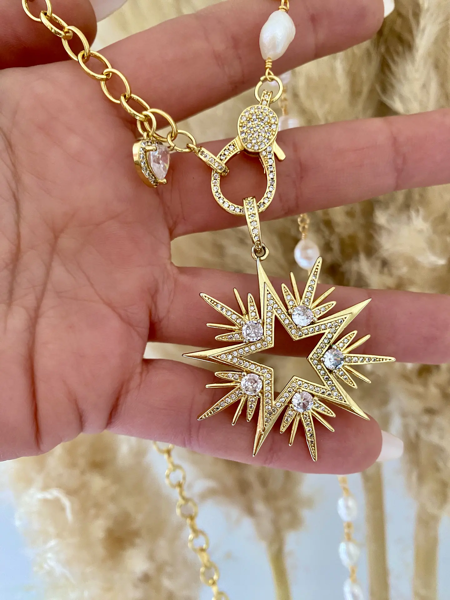 Collar XL Maxi Estrella de 10 puntas eslabones mixtos Perlas  1