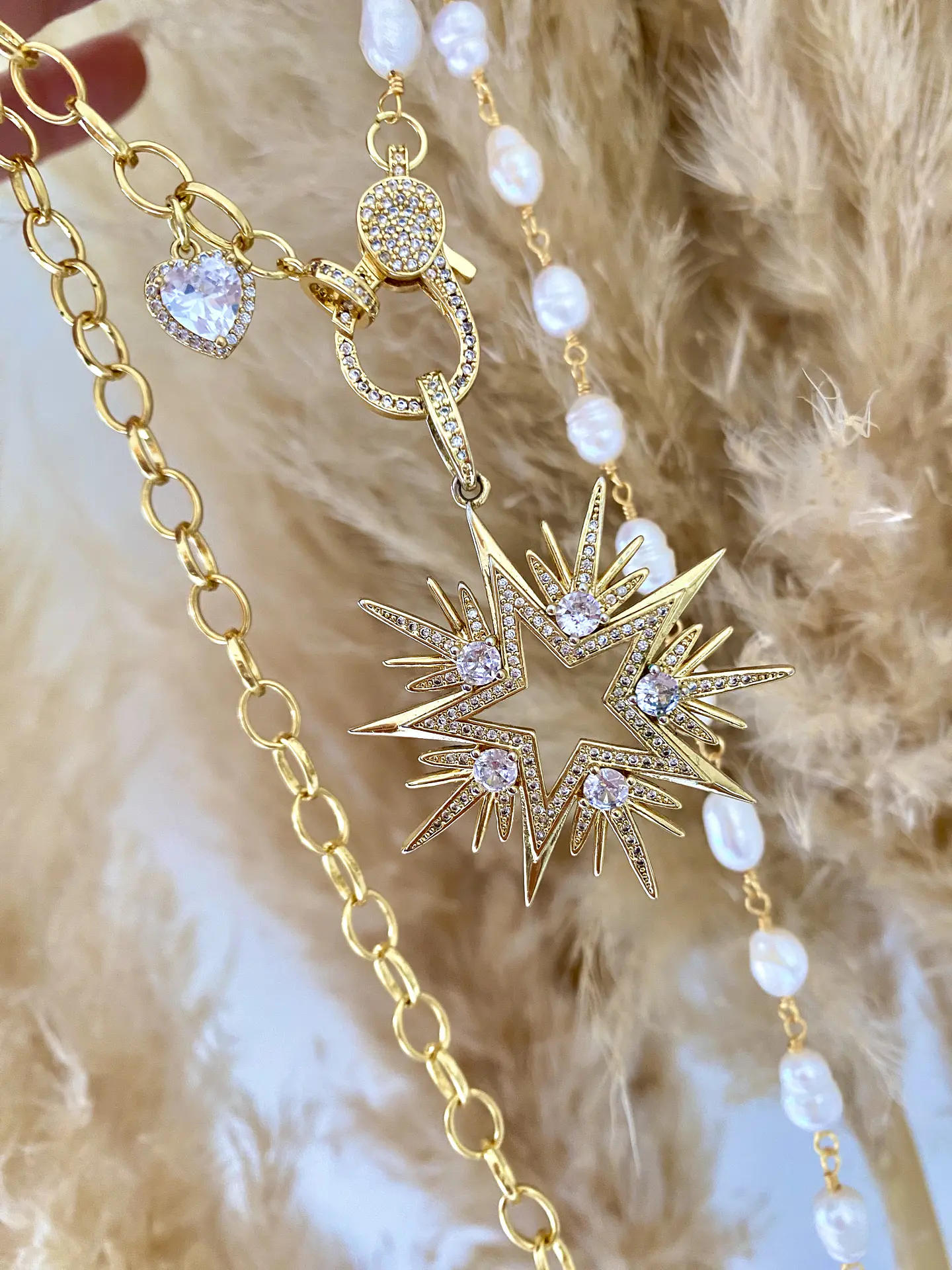Collar XL Maxi Estrella de 10 puntas eslabones mixtos Perlas  2