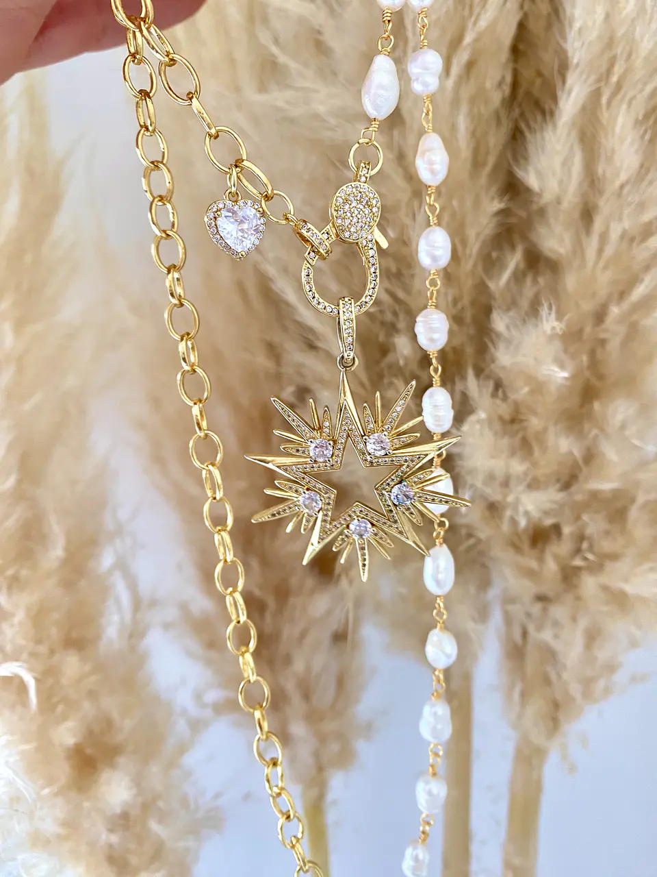 Collar XL Maxi Estrella de 10 puntas eslabones mixtos Perlas  3