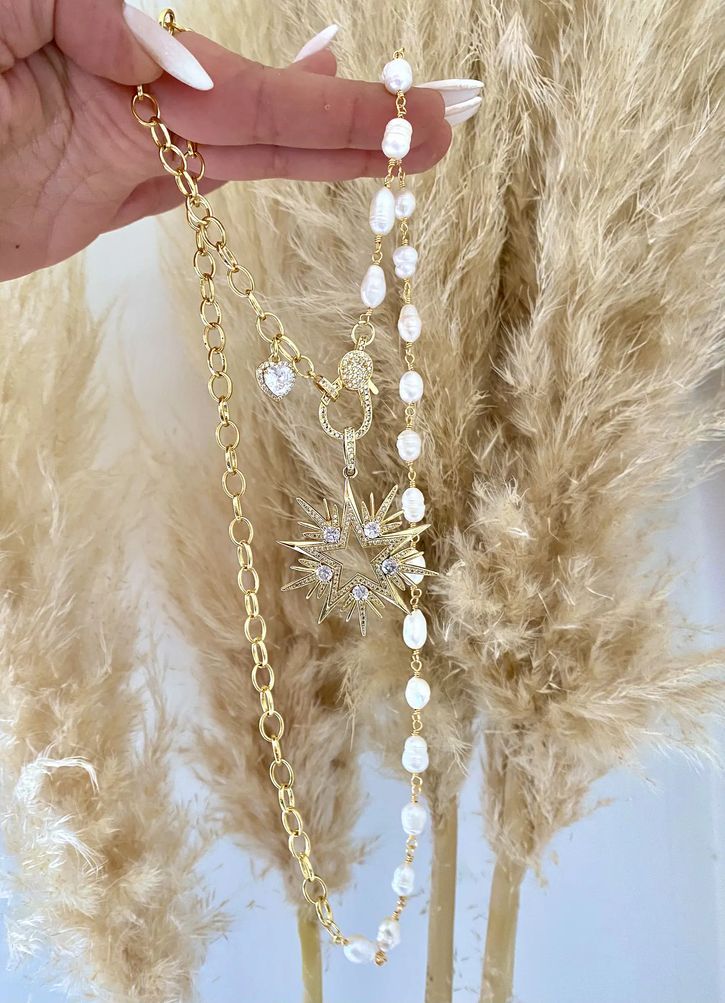 Collar XL Maxi Estrella de 10 puntas eslabones mixtos Perlas  5