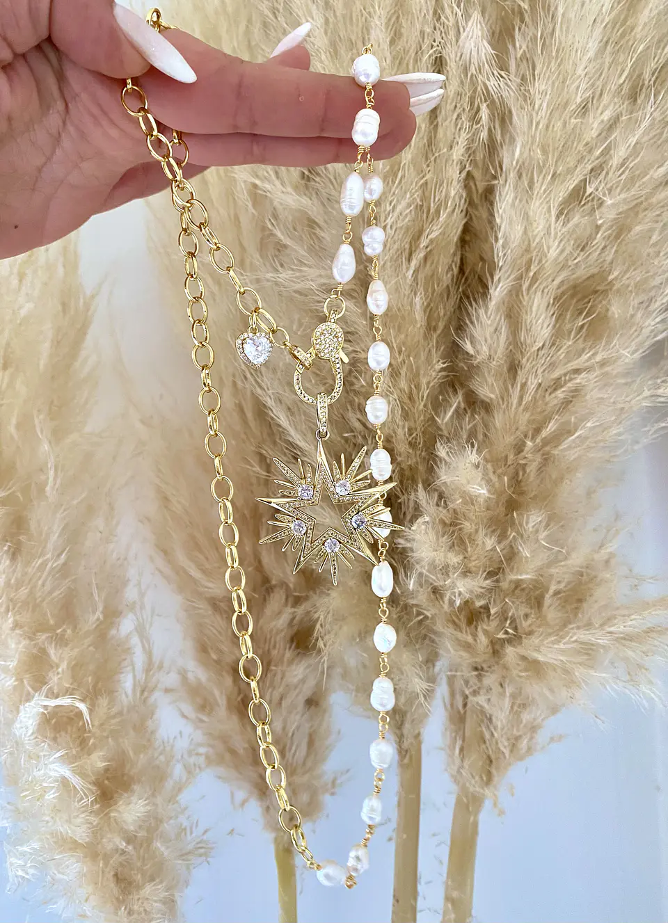Collar XL Maxi Estrella de 10 puntas eslabones mixtos Perlas  5