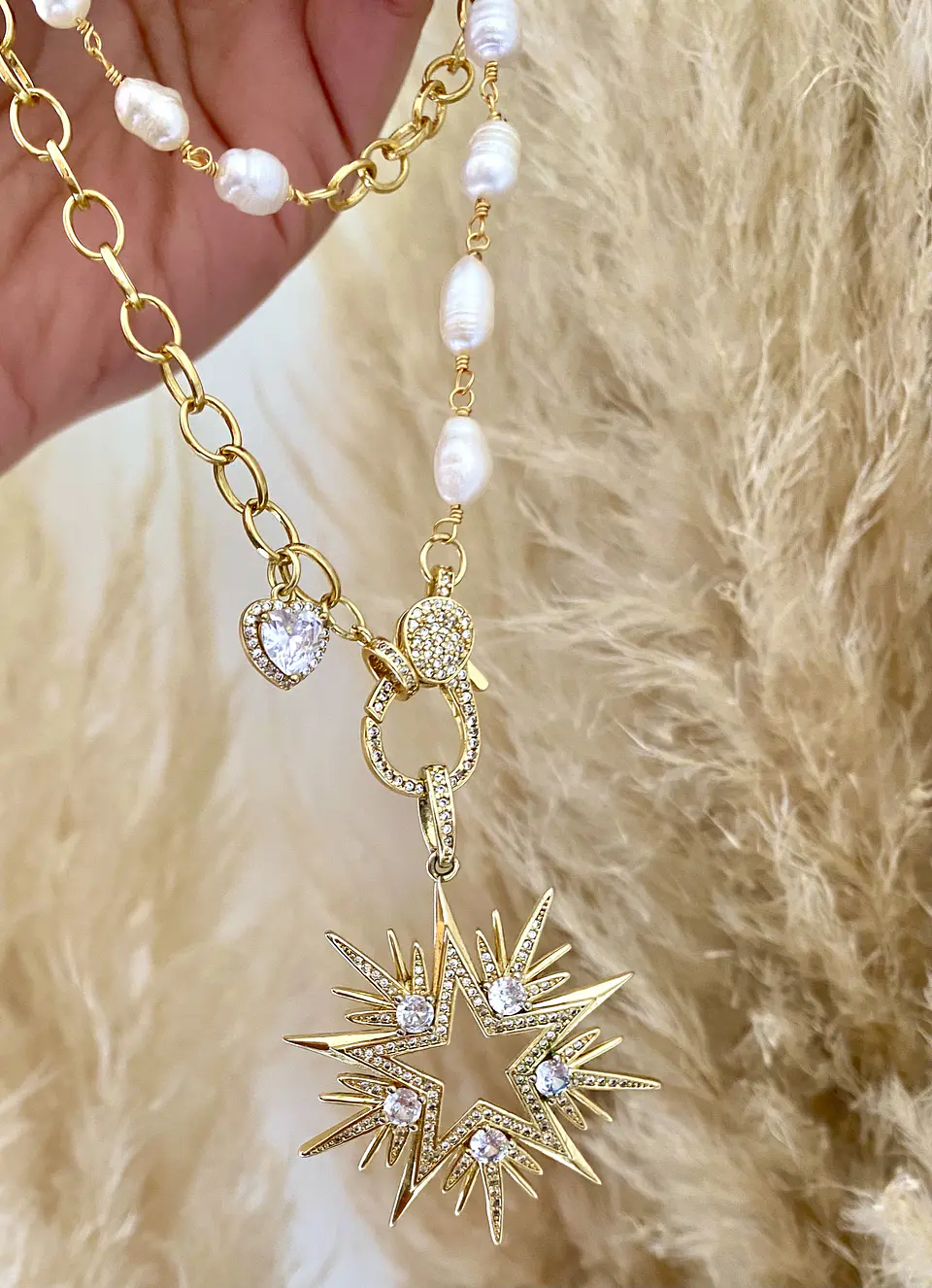 Collar XL Maxi Estrella de 10 puntas eslabones mixtos Perlas  7