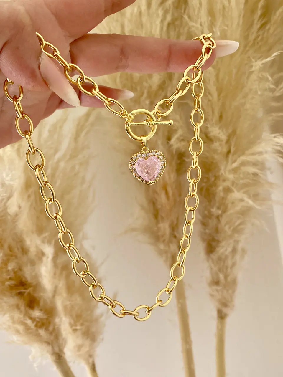 Collar Corazón Cristal Rosa circones gold  3