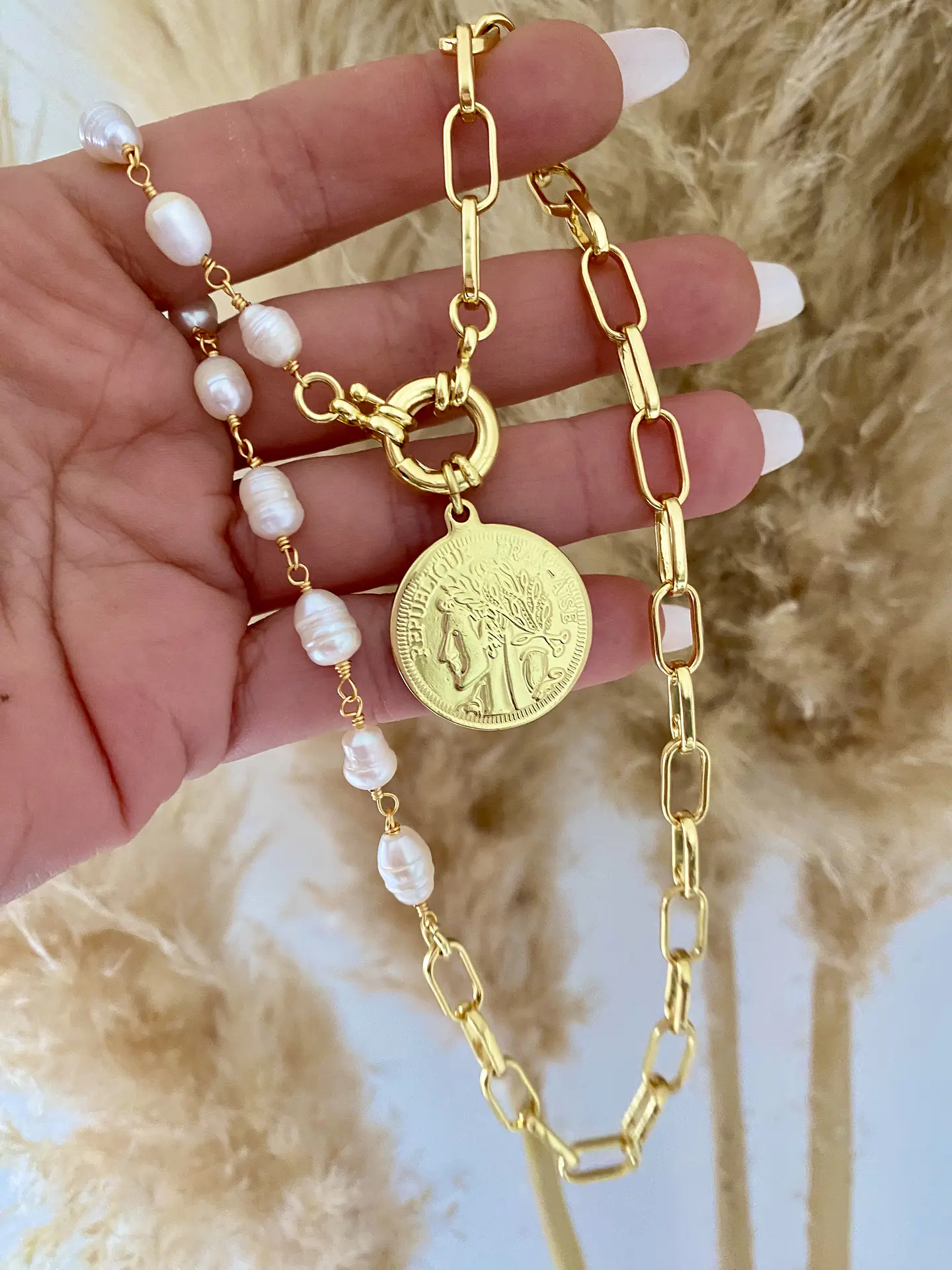 Collar Perlas río Moneda Francesa Gold 1