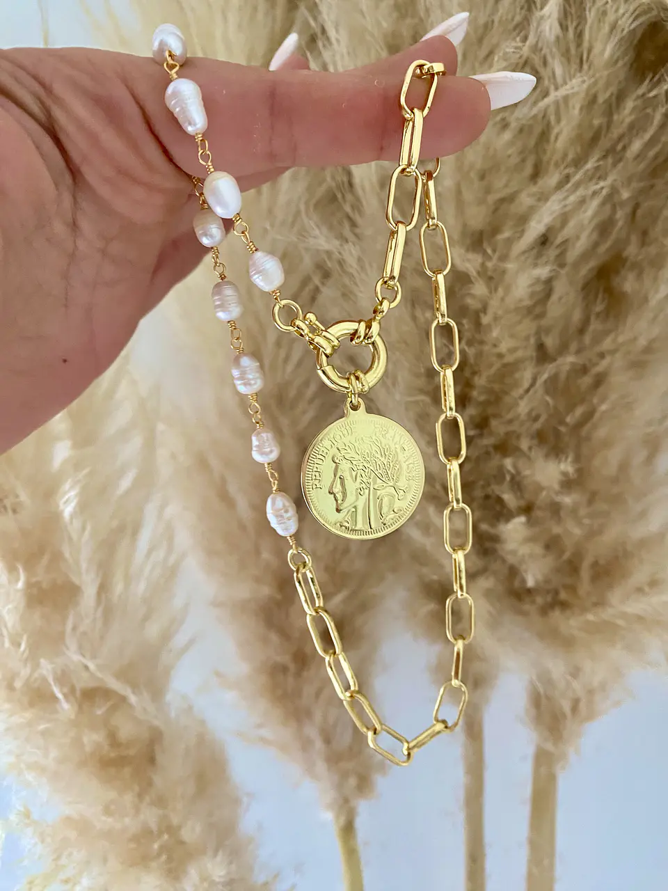 Collar Perlas río Moneda Francesa Gold 2