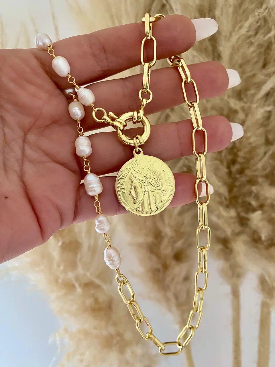 Collar Perlas río Moneda Francesa Gold 3