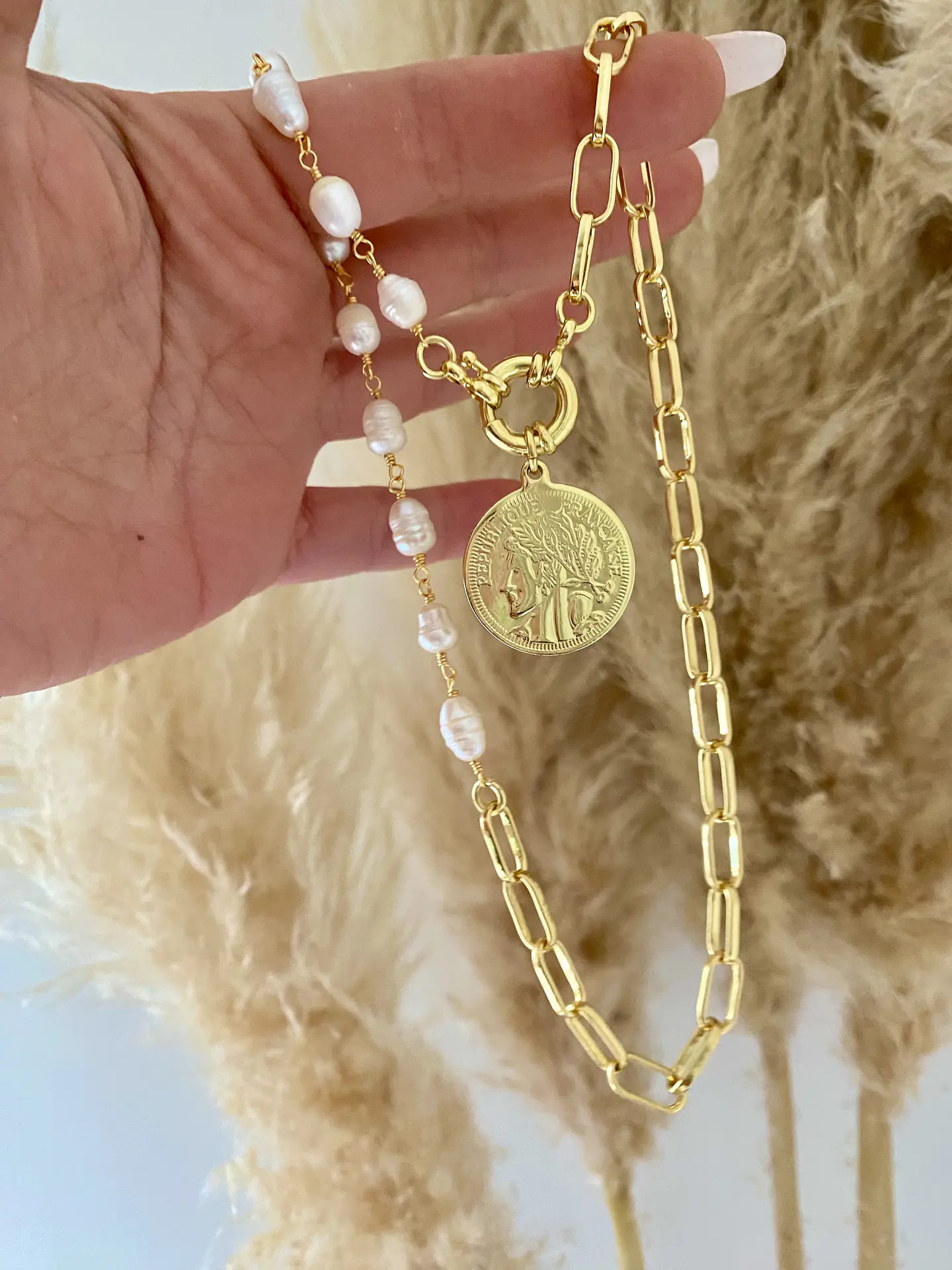 Collar Perlas río Moneda Francesa Gold 4