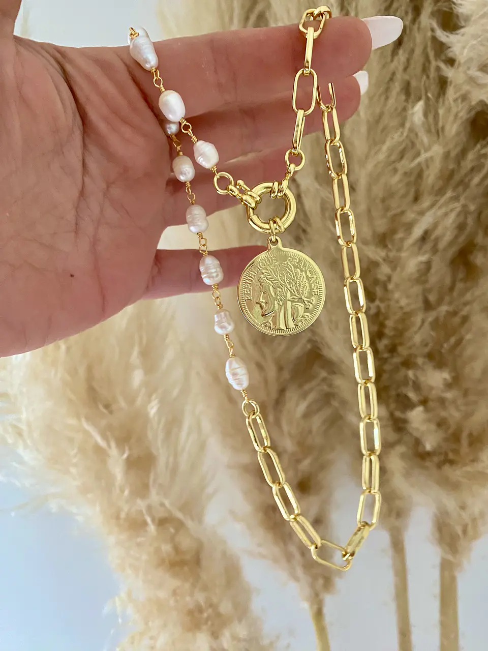Collar Perlas río Moneda Francesa Gold 4