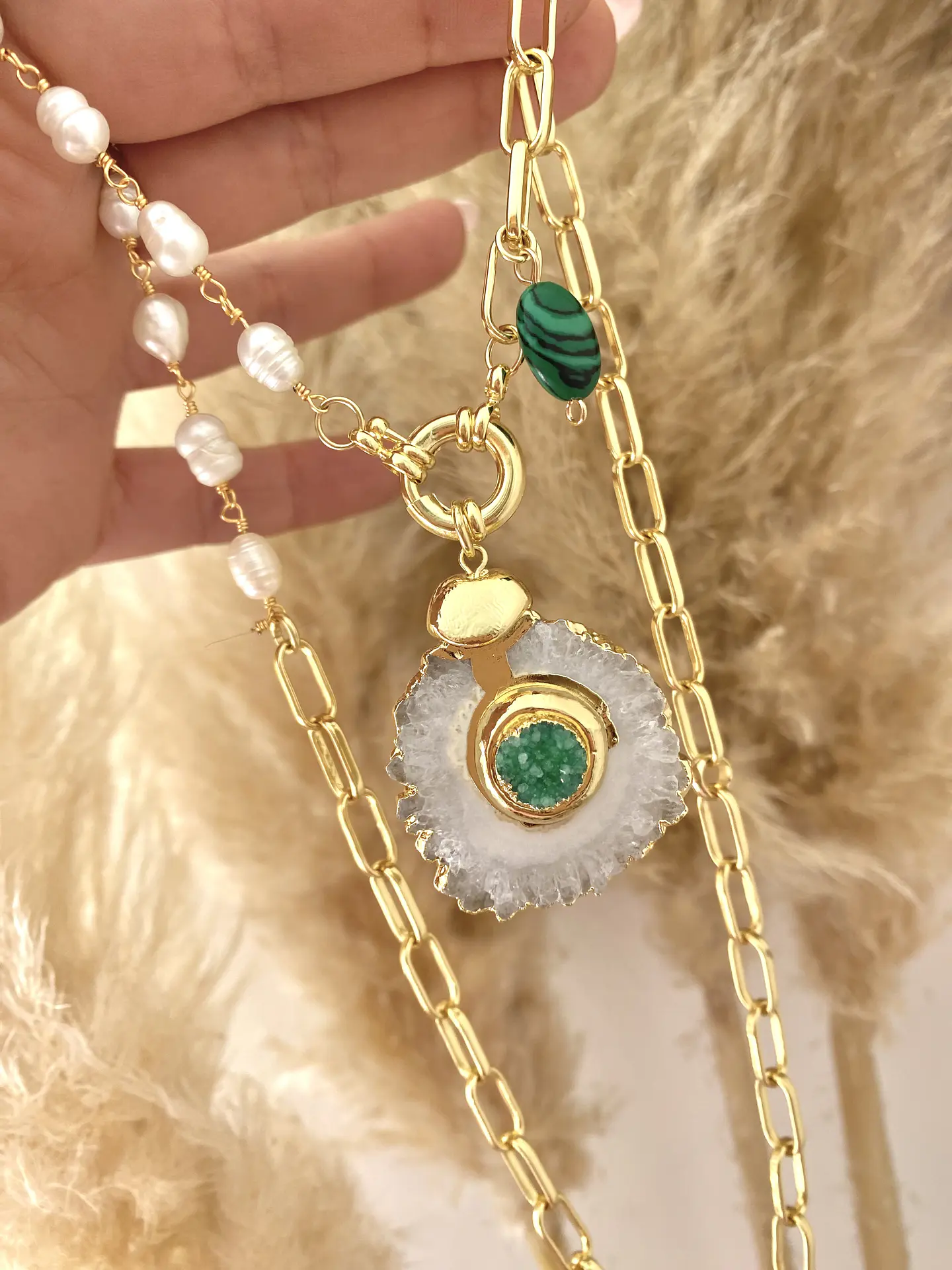 Collar Cuarzo Green eslabones Perla mixtos  1