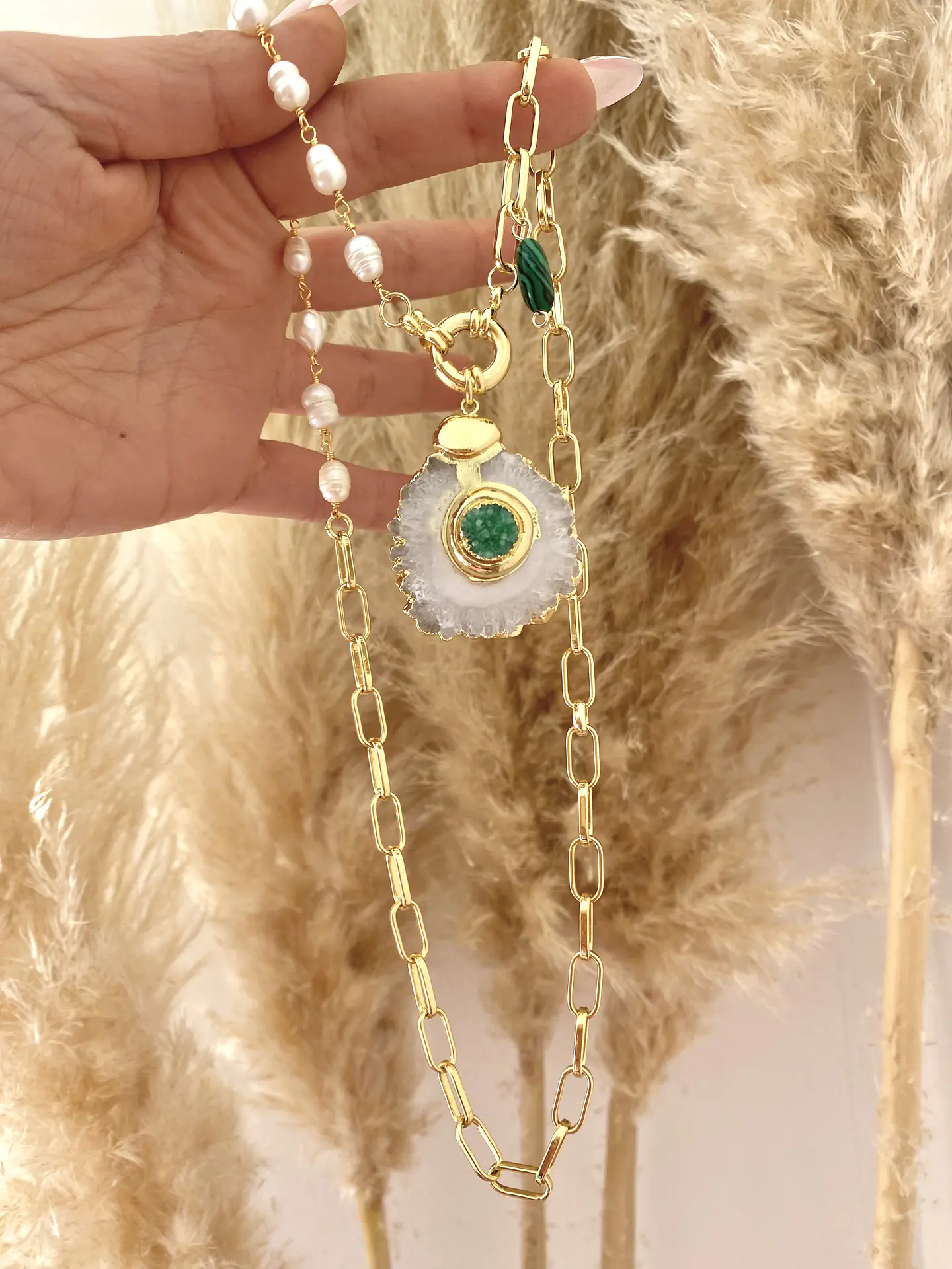 Collar Cuarzo Green eslabones Perla mixtos  2
