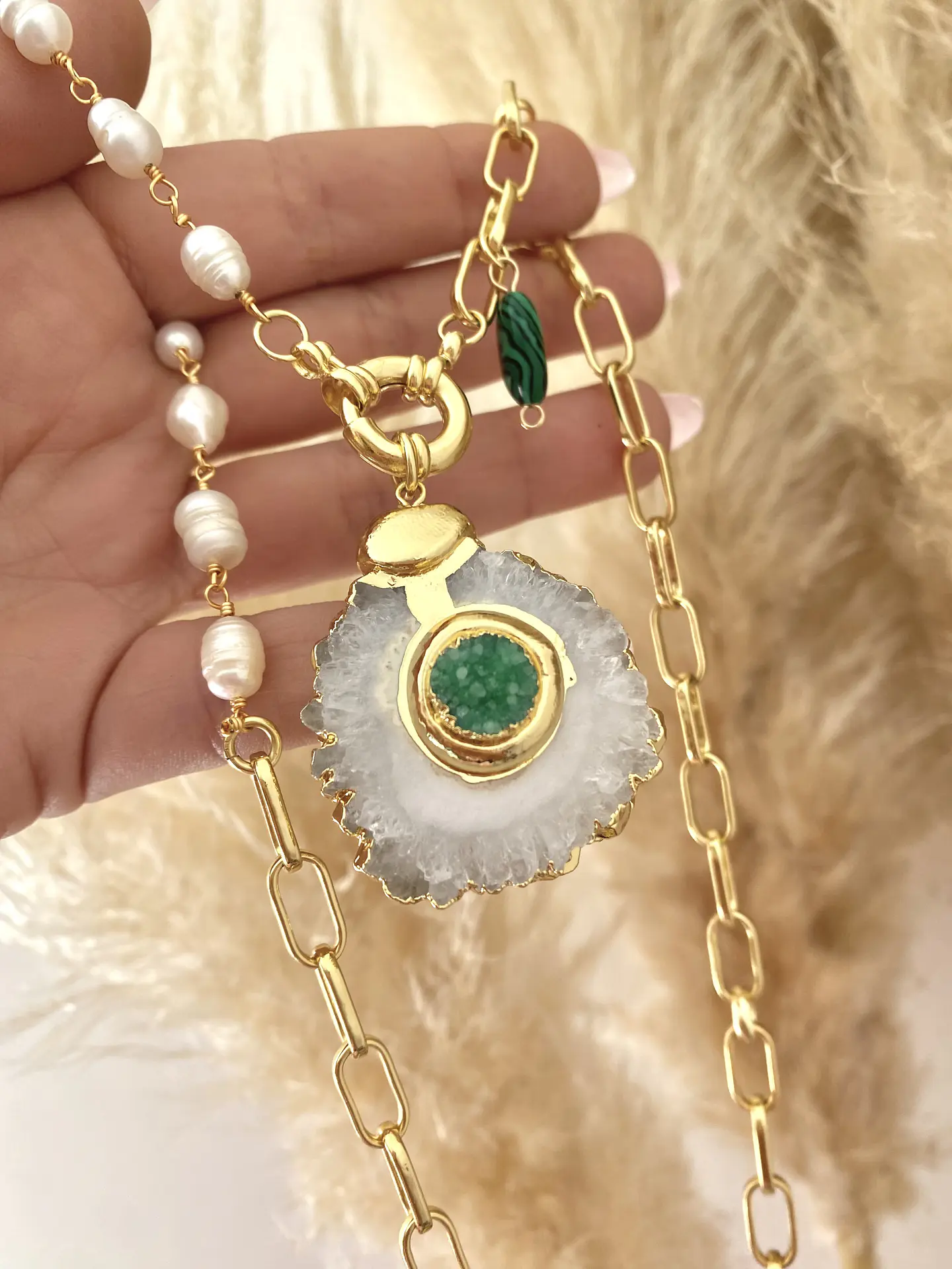 Collar Cuarzo Green eslabones Perla mixtos  3