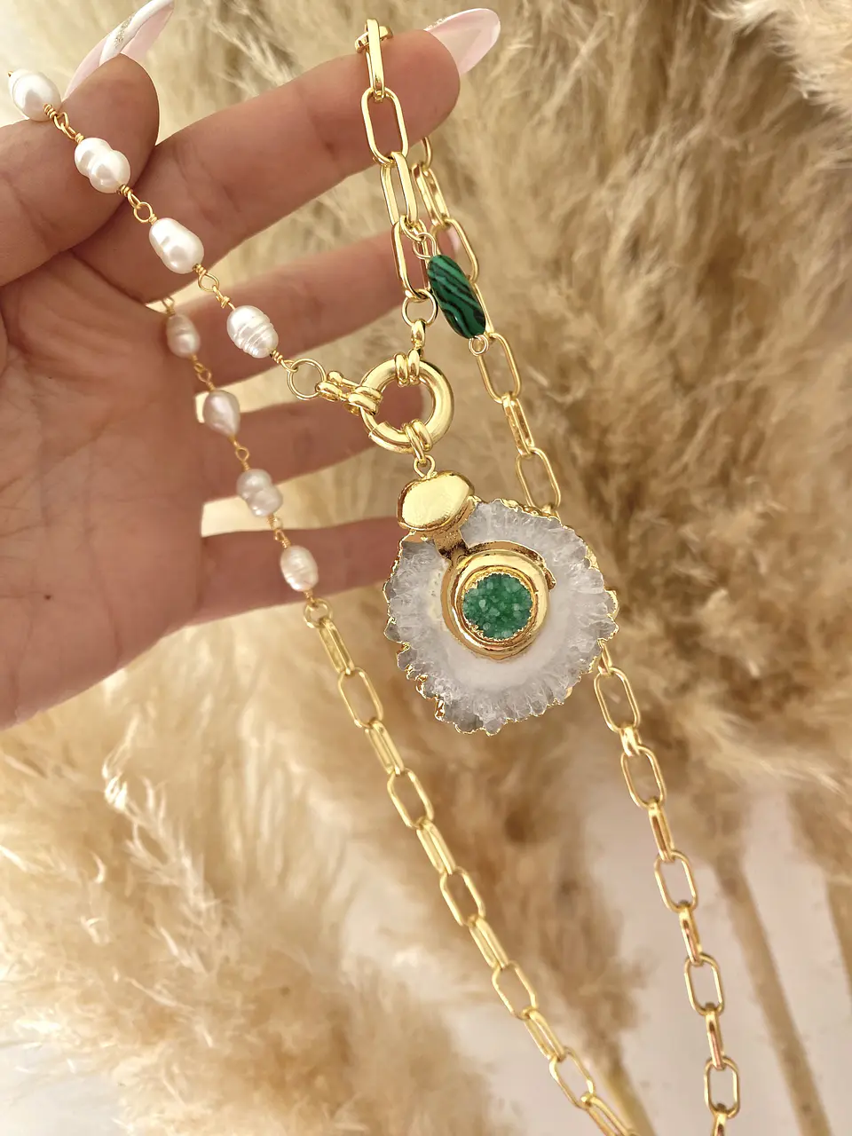 Collar Cuarzo Green eslabones Perla mixtos  4