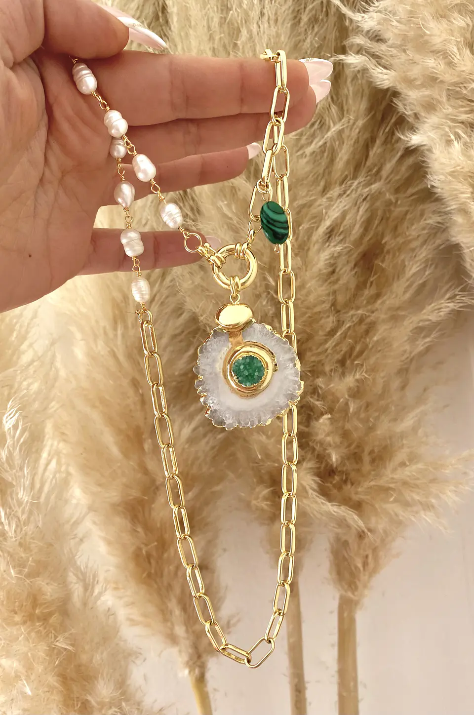 Collar Cuarzo Green eslabones Perla mixtos  5