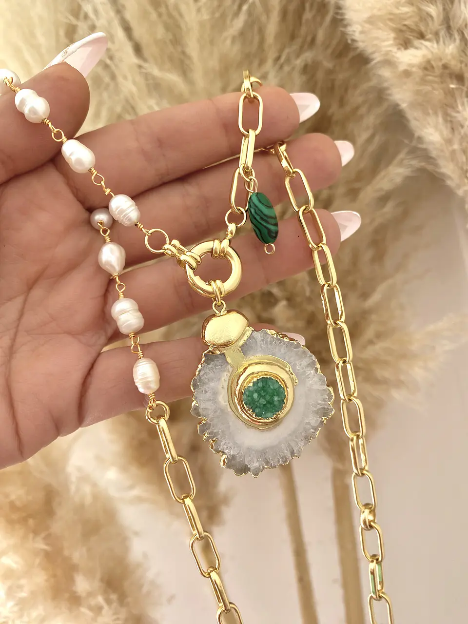 Collar Cuarzo Green eslabones Perla mixtos  6