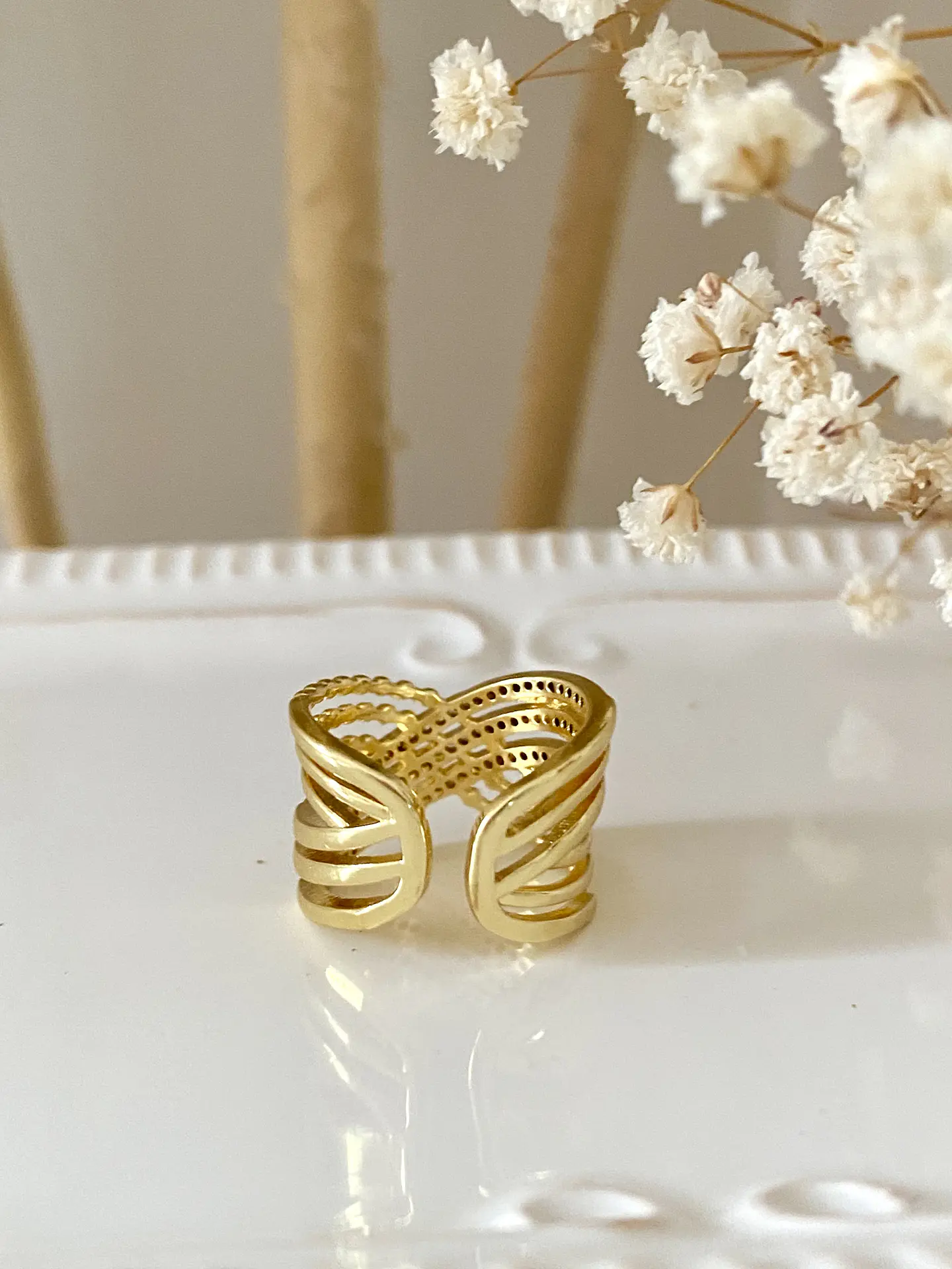 Anillo Entrelazado Circones y bolitas Gold  6