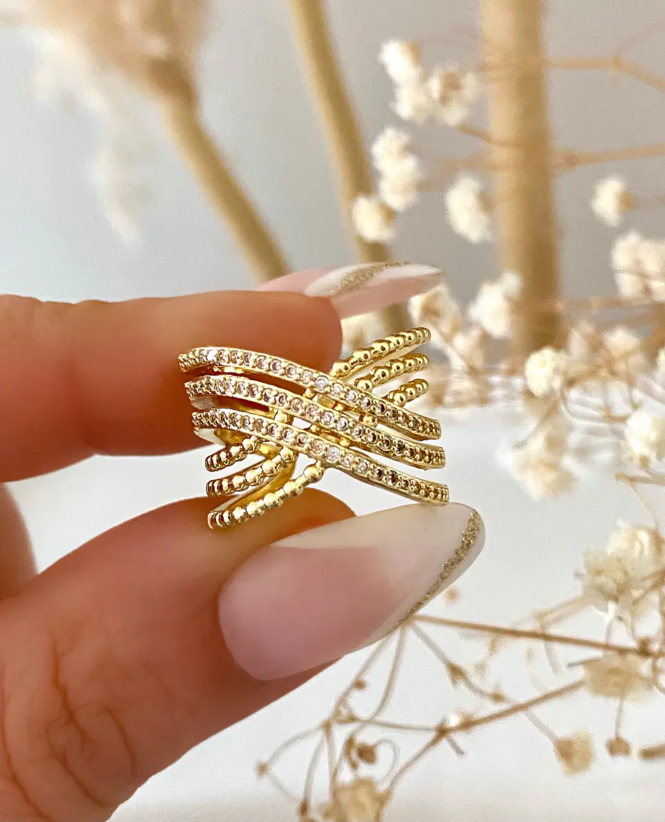 Anillo Entrelazado Circones y bolitas Gold  2