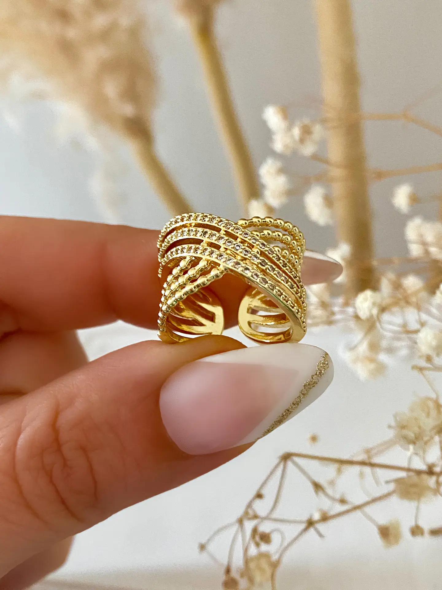 Anillo Entrelazado Circones y bolitas Gold  3