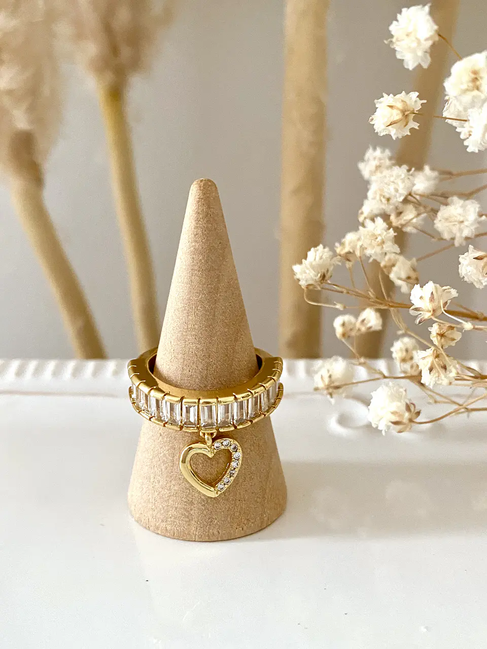 Anillo Cintillo Cristales Dije Corazon Gold 2