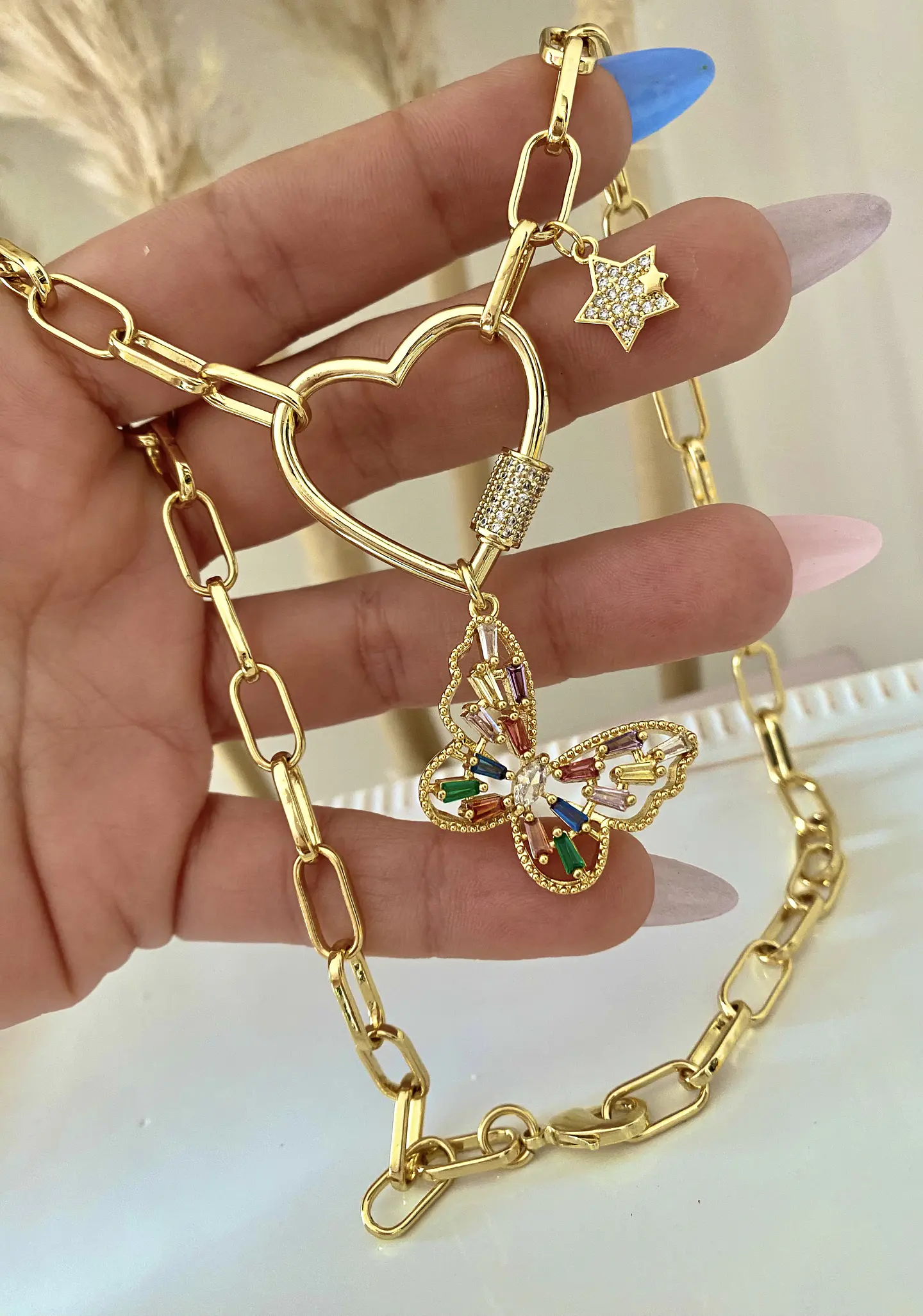 Collar Mariposa Cristales Conector Corazón Gold 2
