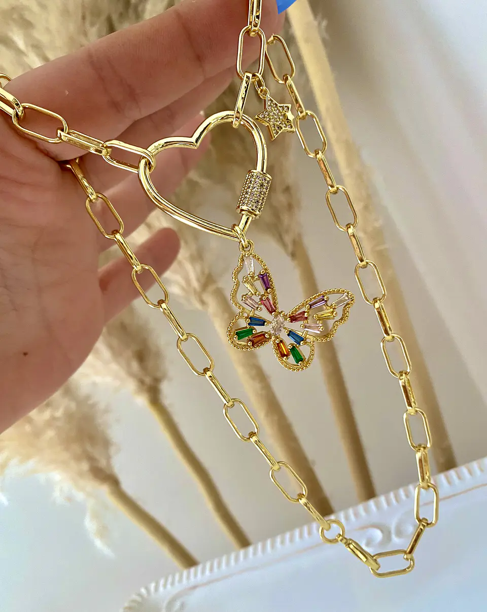 Collar Mariposa Cristales Conector Corazón Gold 4