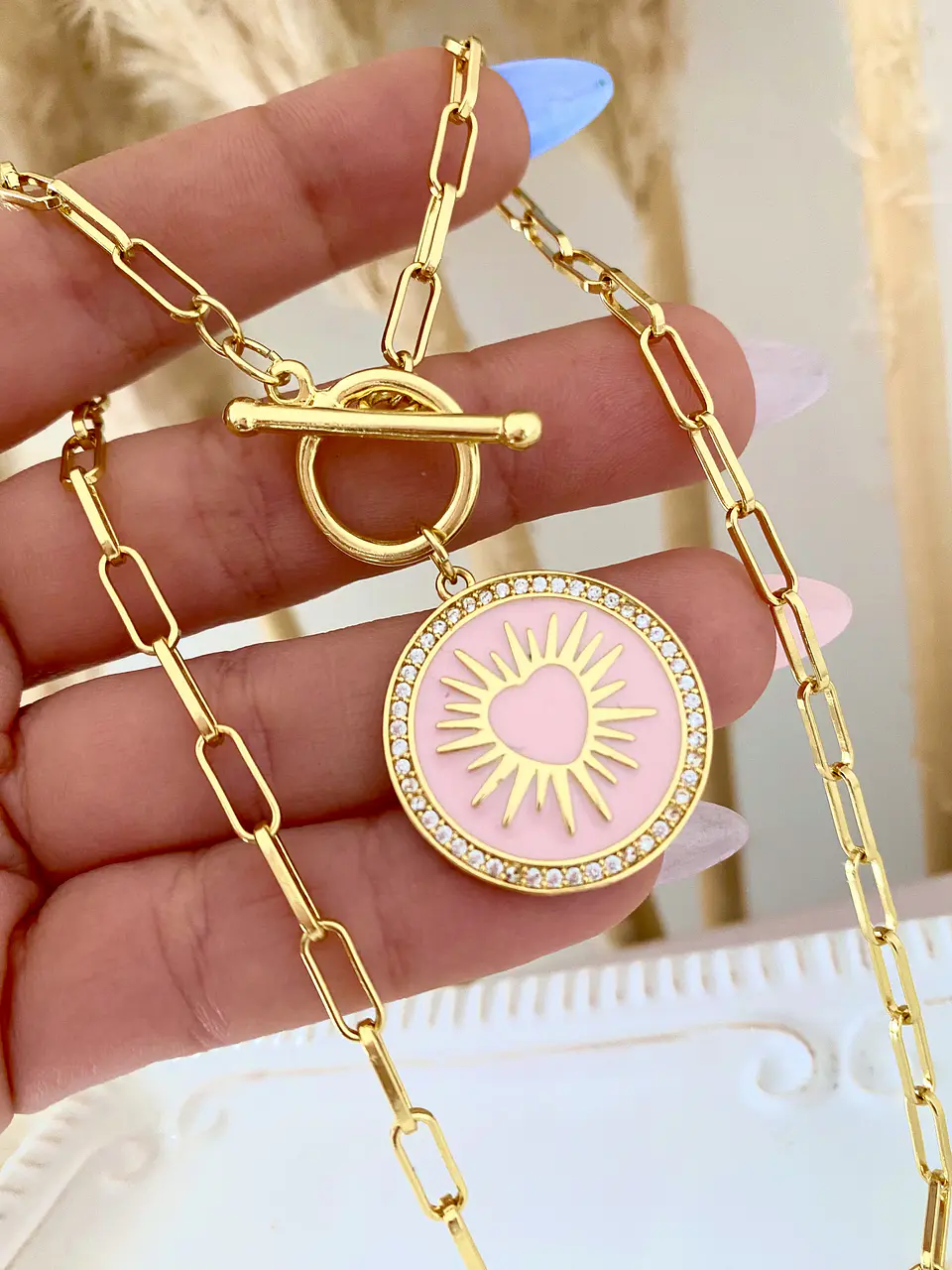 Collar Medalla Corazón Esmaltada Rosa Gold 1