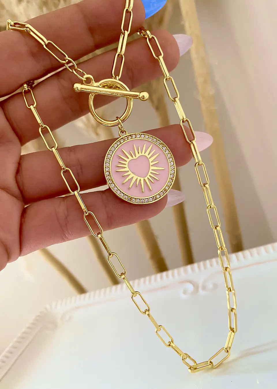 Collar Medalla Corazón Esmaltada Rosa Gold 3