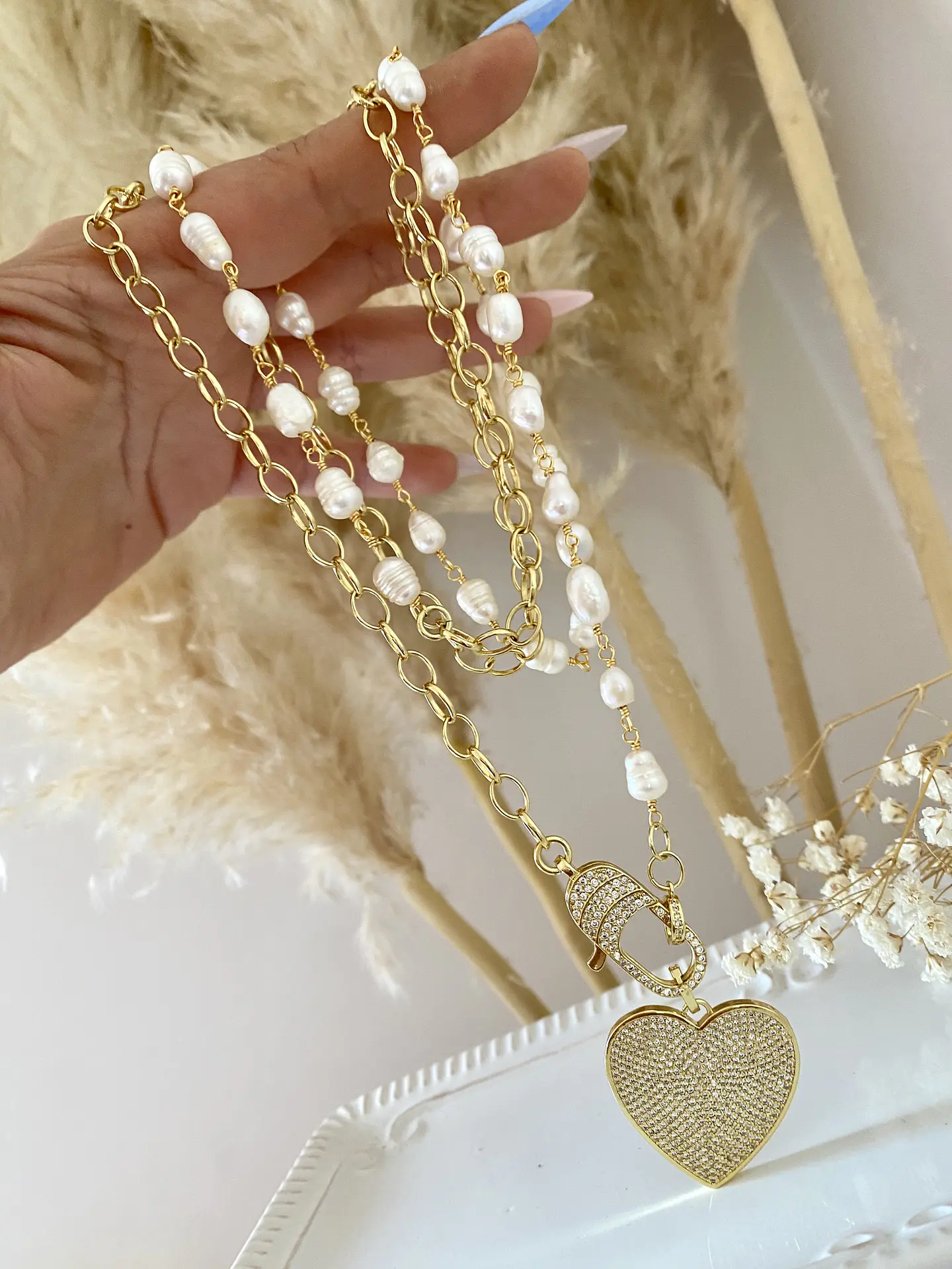 Collar XL  Corazón Perlas Broche Circones  4