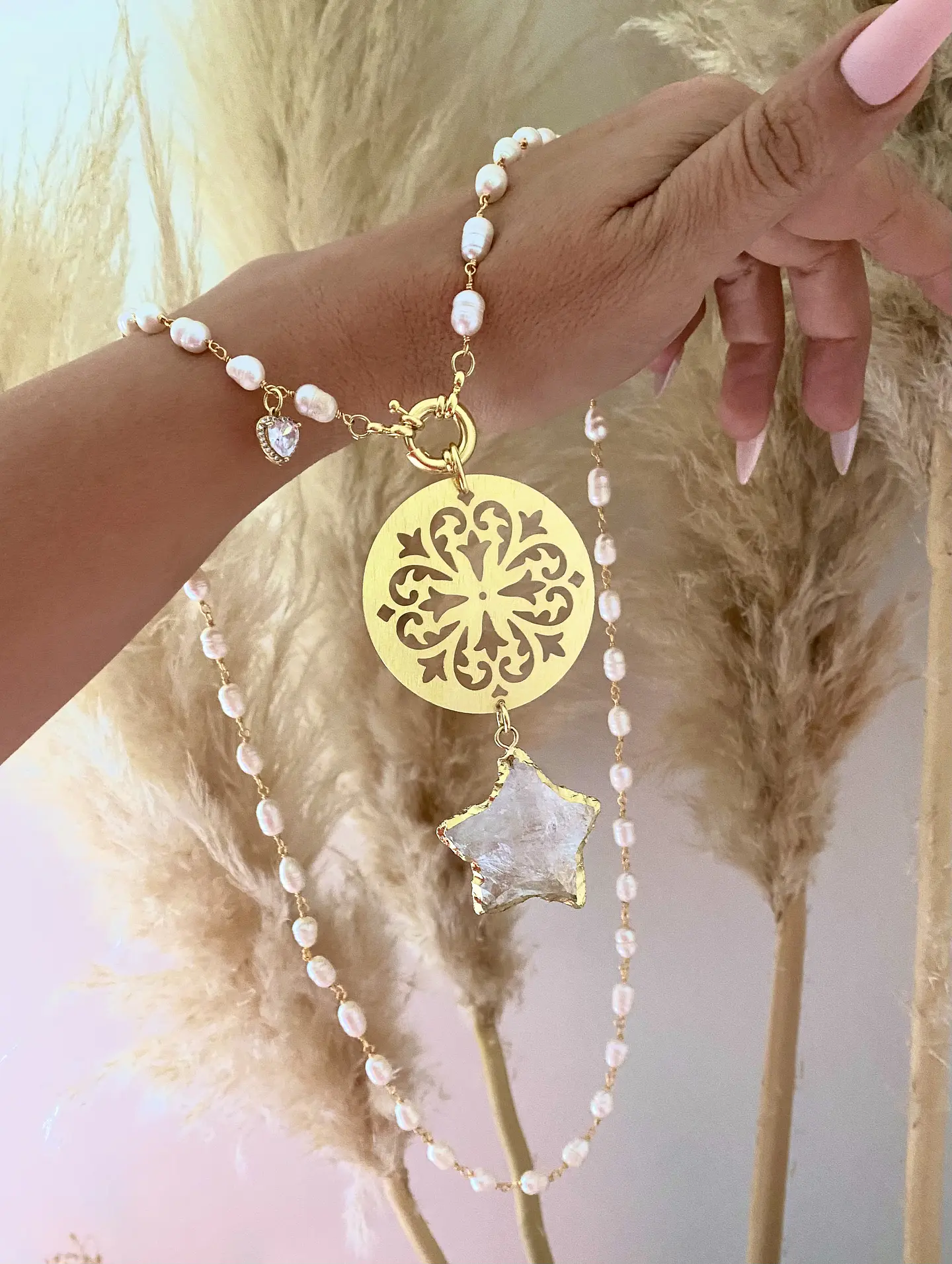 Collar XL Mandala y Estrella cuarzo Perlas de rio 2