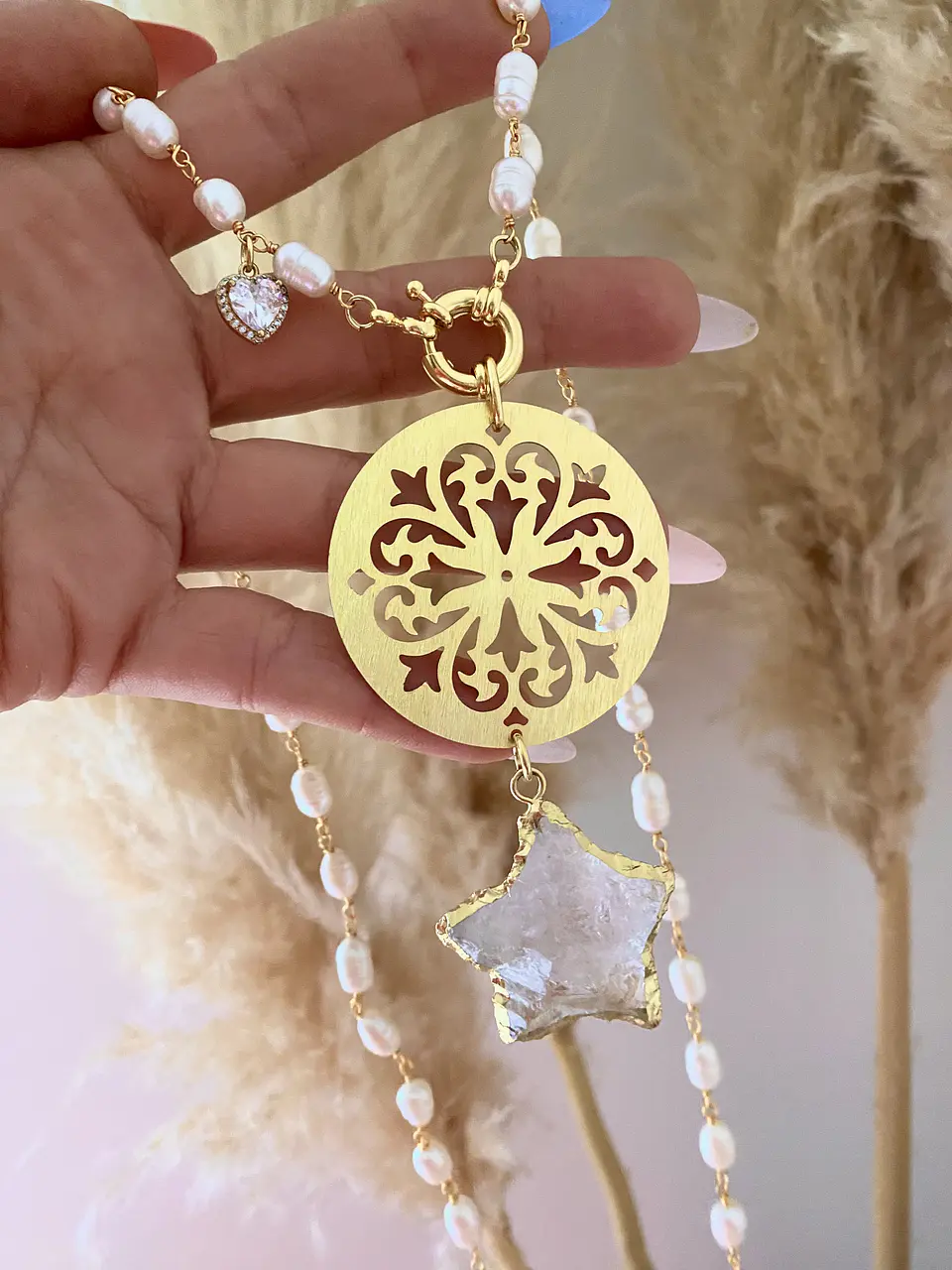 Collar XL Mandala y Estrella cuarzo Perlas de rio 1
