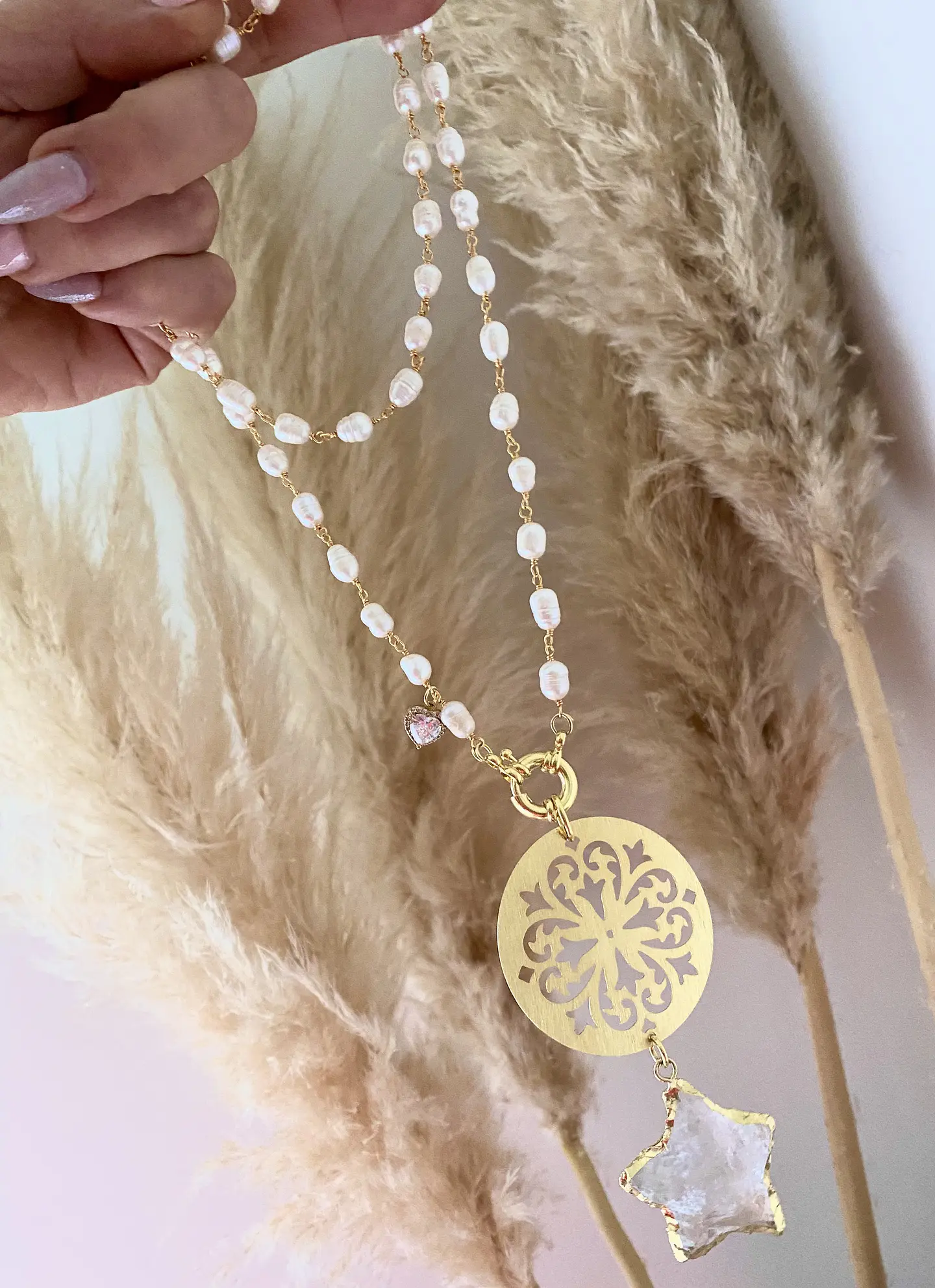 Collar XL Mandala y Estrella cuarzo Perlas de rio 3