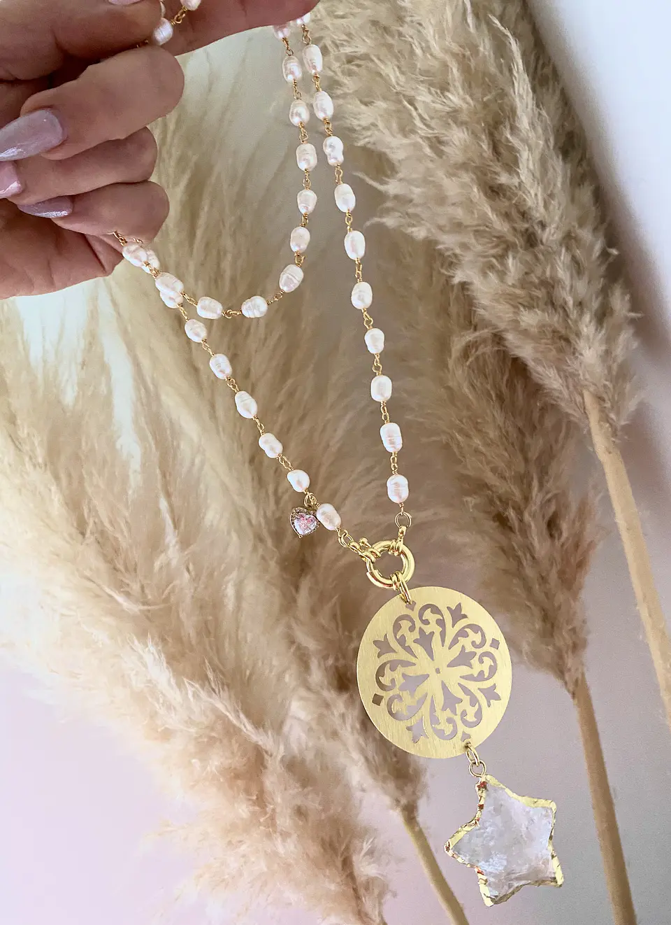 Collar XL Mandala y Estrella cuarzo Perlas de rio 3