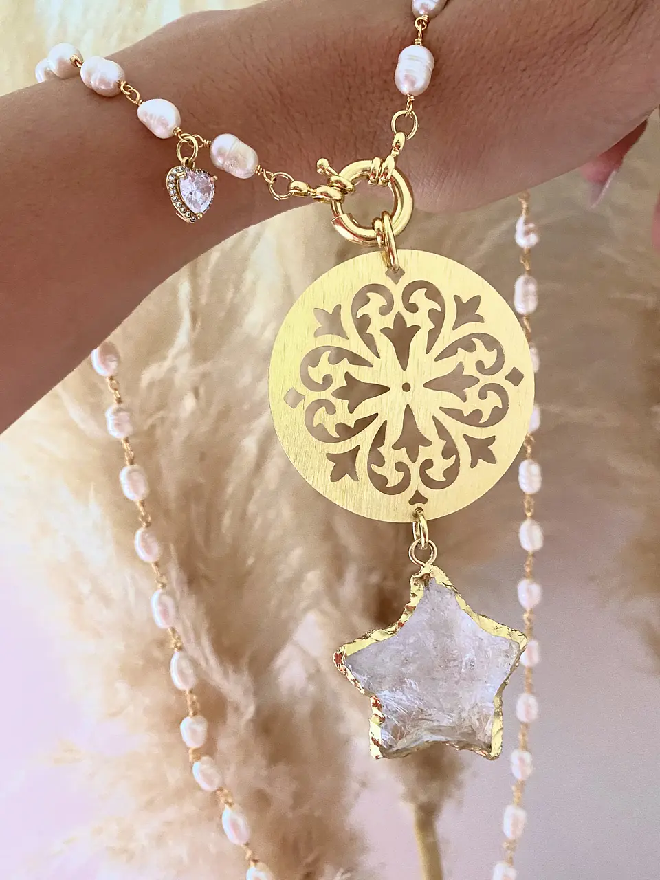 Collar XL Mandala y Estrella cuarzo Perlas de rio 5