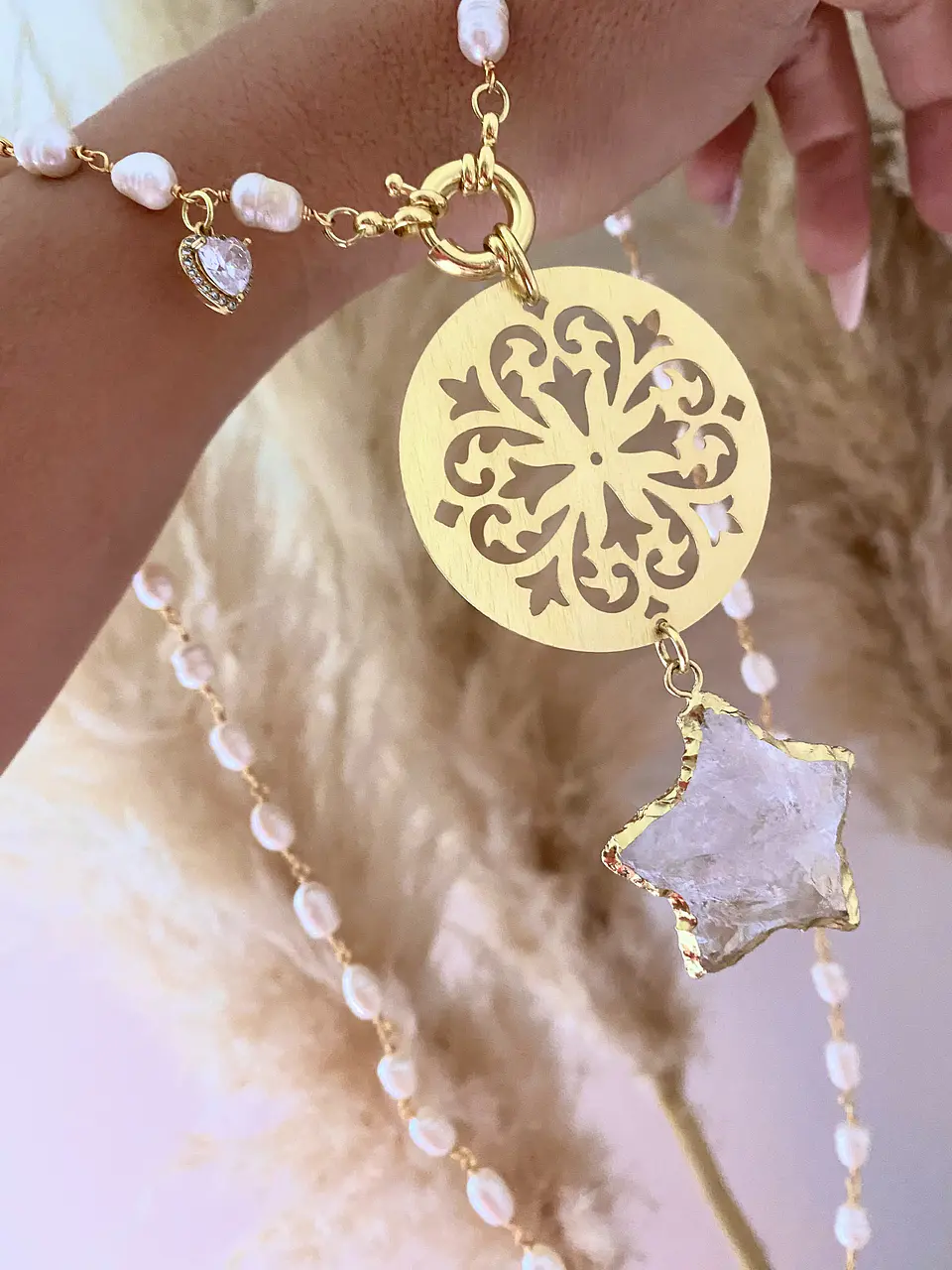 Collar XL Mandala y Estrella cuarzo Perlas de rio 6