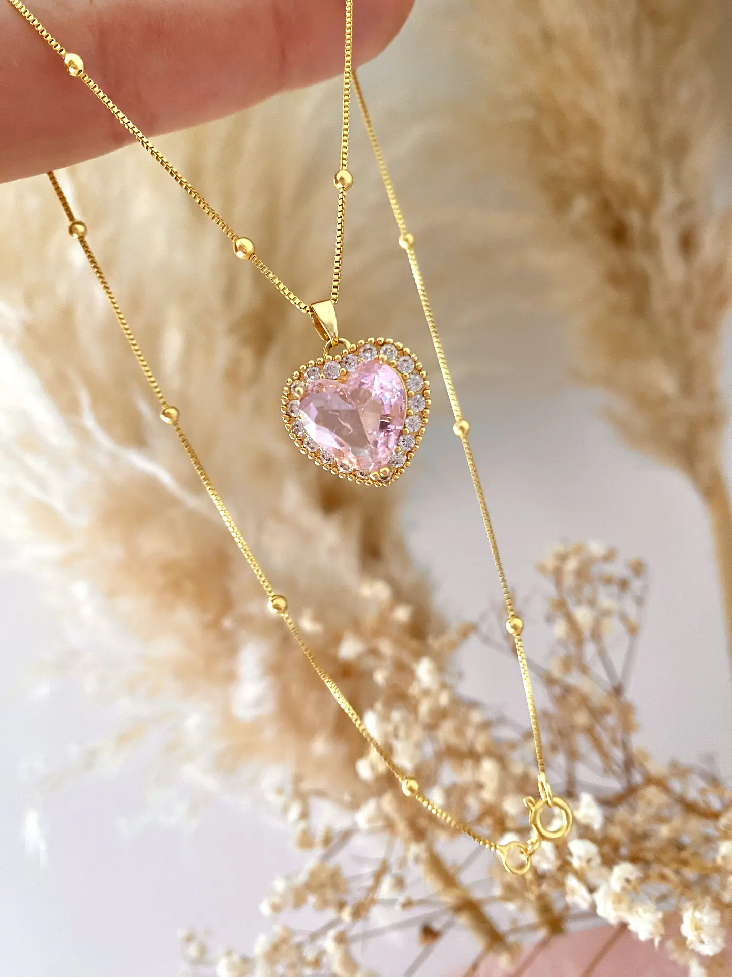 Cadena bolitas  Corazón Cristal Rosa  1