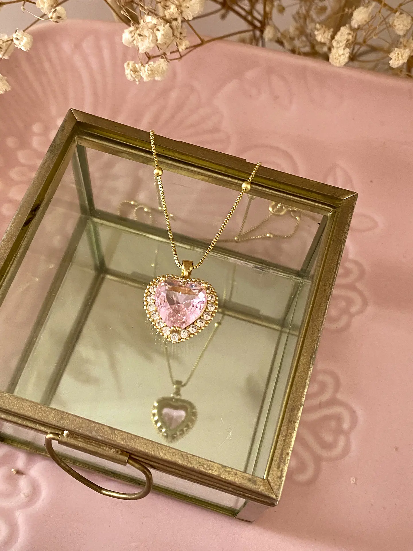 Cadena bolitas  Corazón Cristal Rosa  2